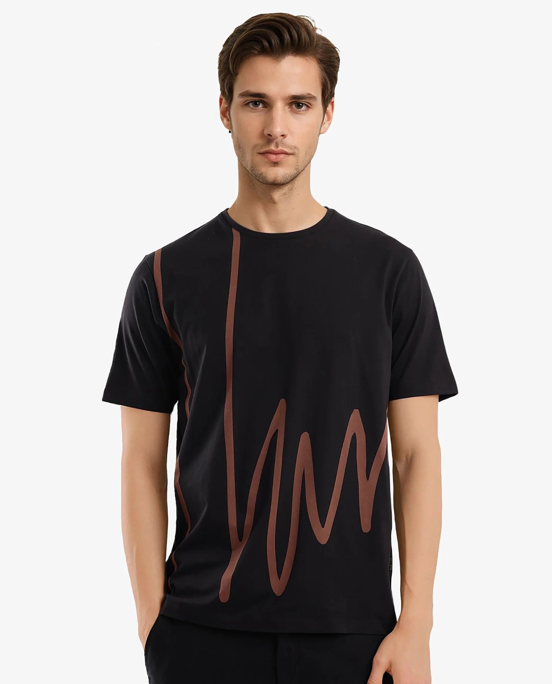 Rare Rabbit Men Chael Black Short Sleeve Crew Neck Graphic Print T-Shirt