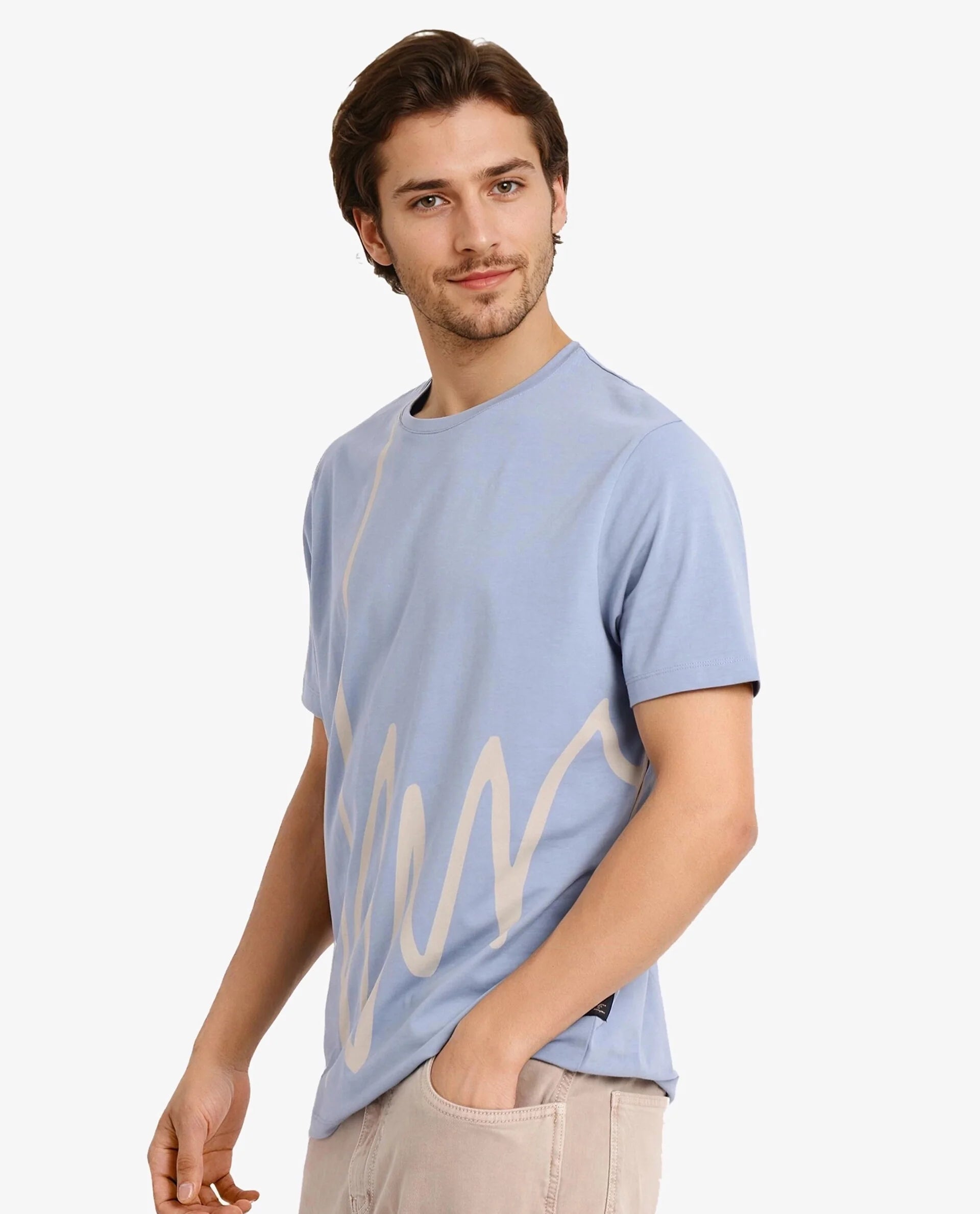 Rare Rabbit Men Chael Dusky Blue Cotton Lycra Fabric Short Sleeve Crew Neck Regular Fit Graphic Signature Print T-Shirt