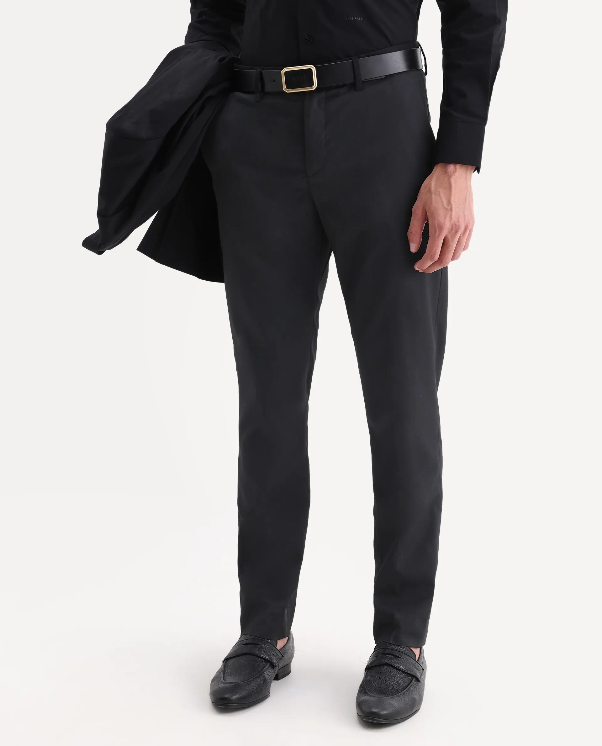 Rare Rabbit Men's Chamer Black Polyester Plain Regular Fit Trouser