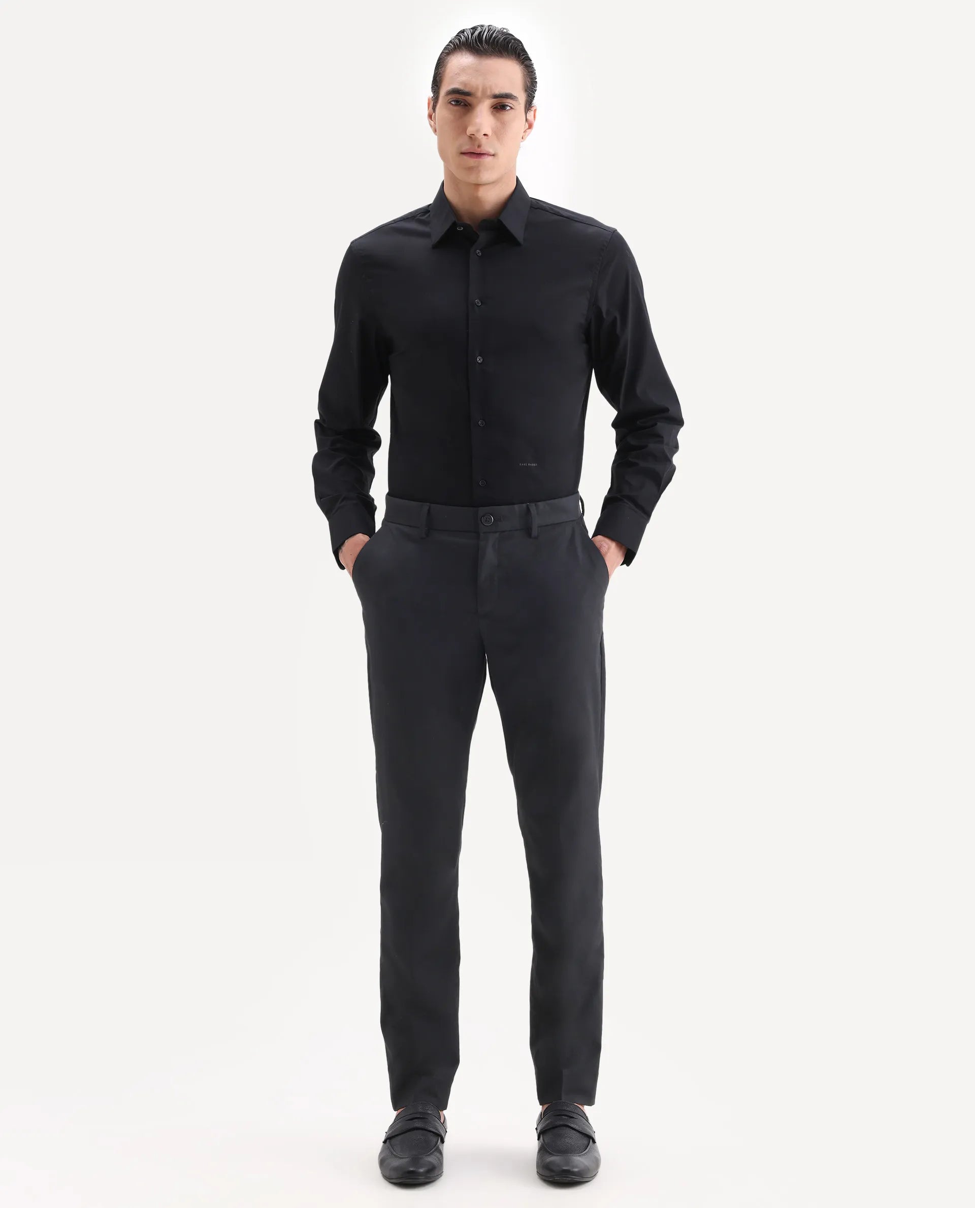 Rare Rabbit Men's Chamer Black Polyester Plain Regular Fit Trouser