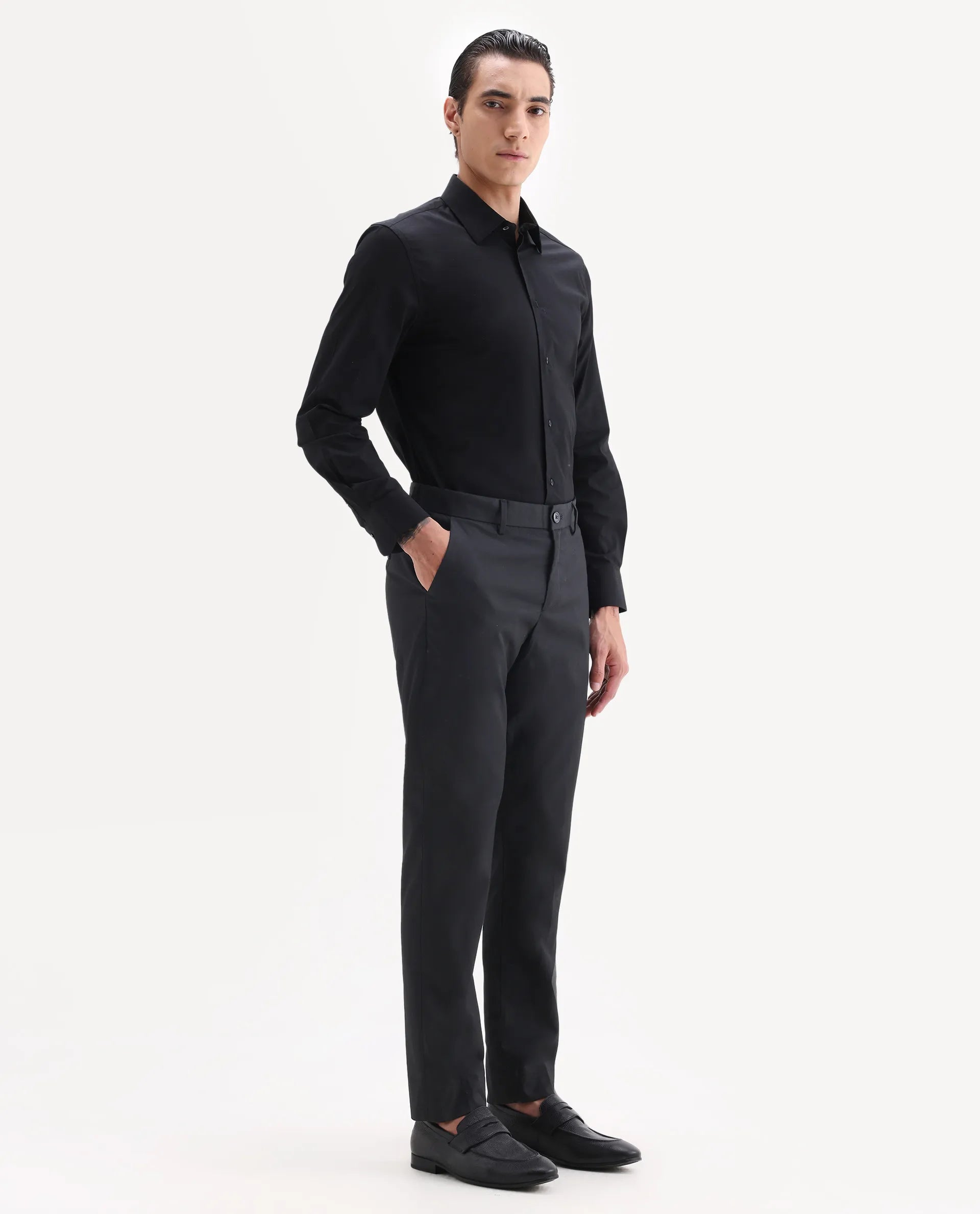 Rare Rabbit Men's Chamer Black Polyester Plain Regular Fit Trouser