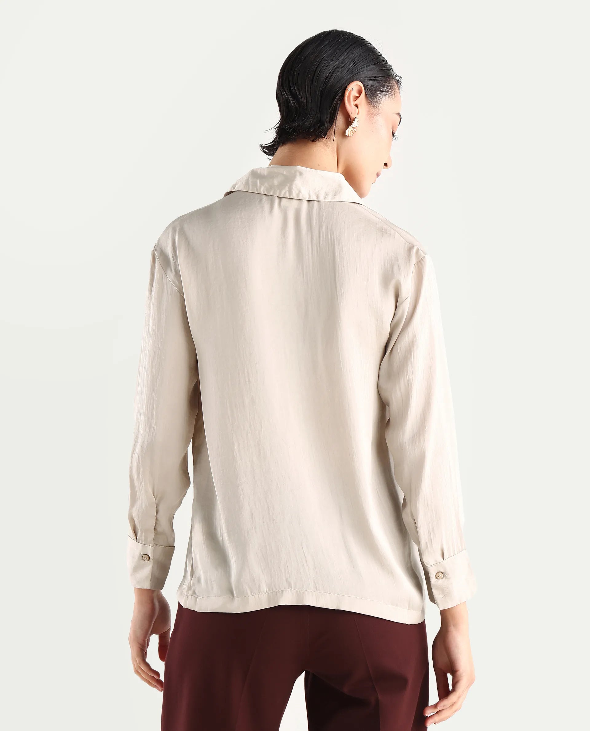 Rareism Women's Chant Beige Lapel Neck Plain Cuffed Sleeve Regular Fit Top