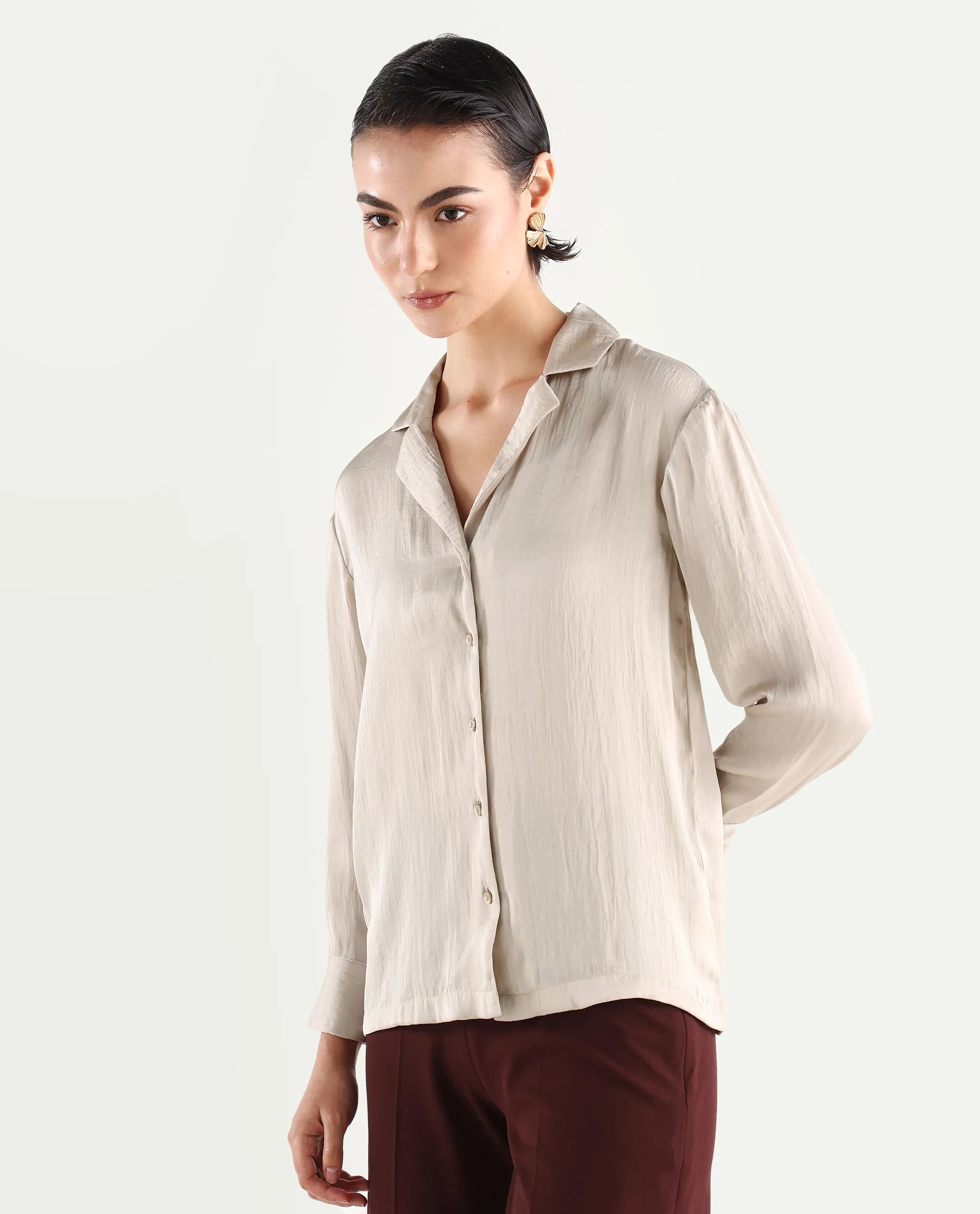 Rareism Women's Chant Beige Lapel Neck Plain Cuffed Sleeve Regular Fit Top