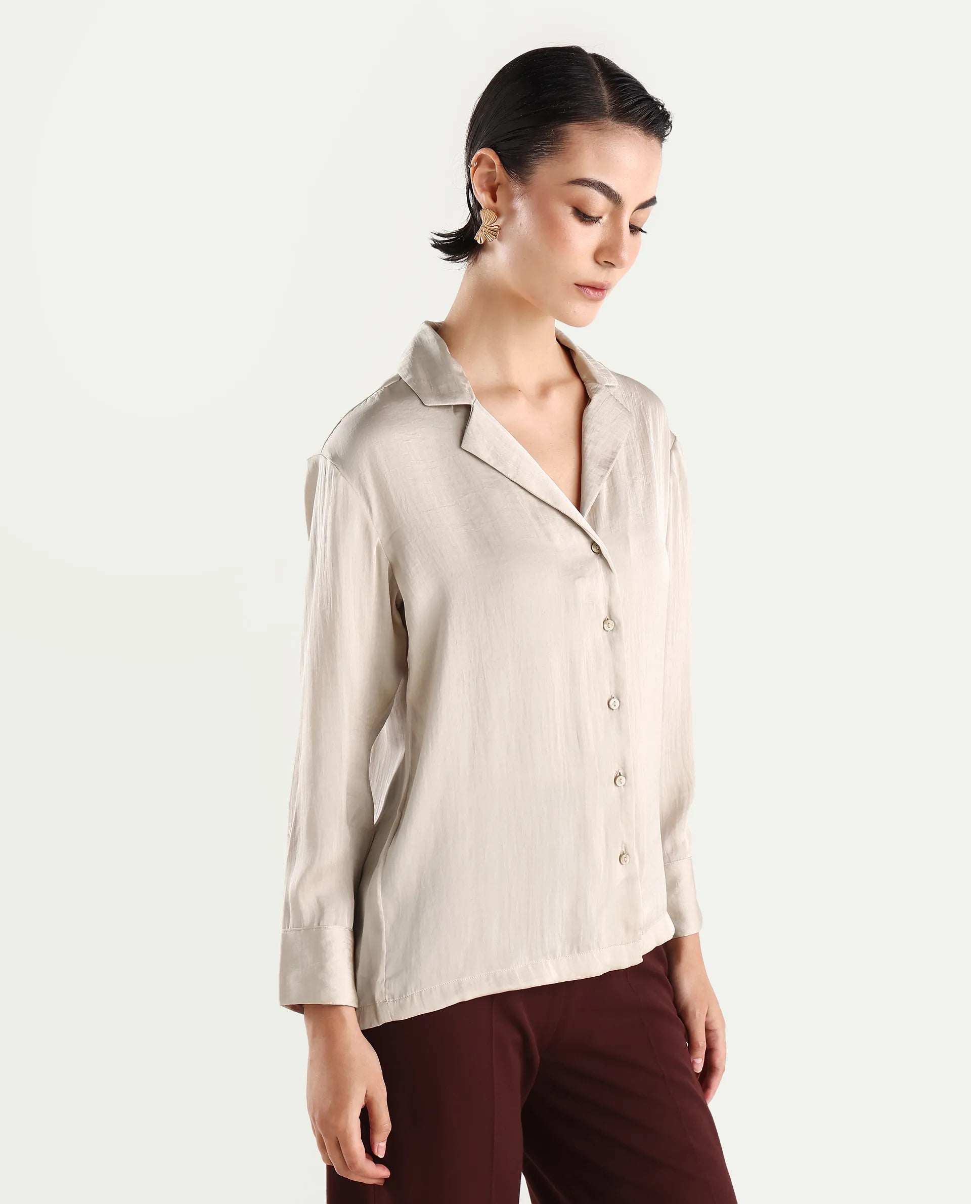 Rareism Women's Chant Beige Lapel Neck Plain Cuffed Sleeve Regular Fit Top
