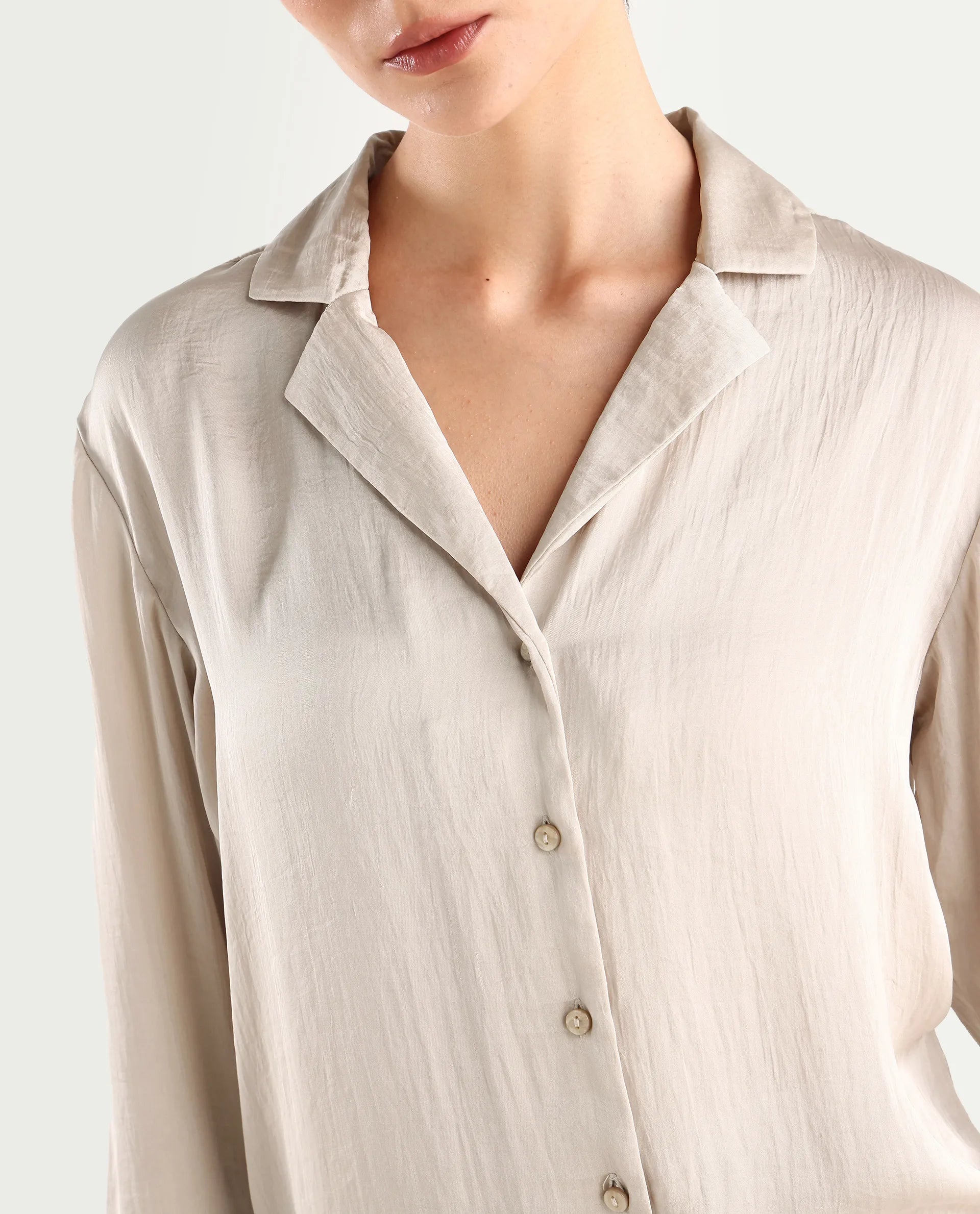 Rareism Women's Chant Beige Lapel Neck Plain Cuffed Sleeve Regular Fit Top