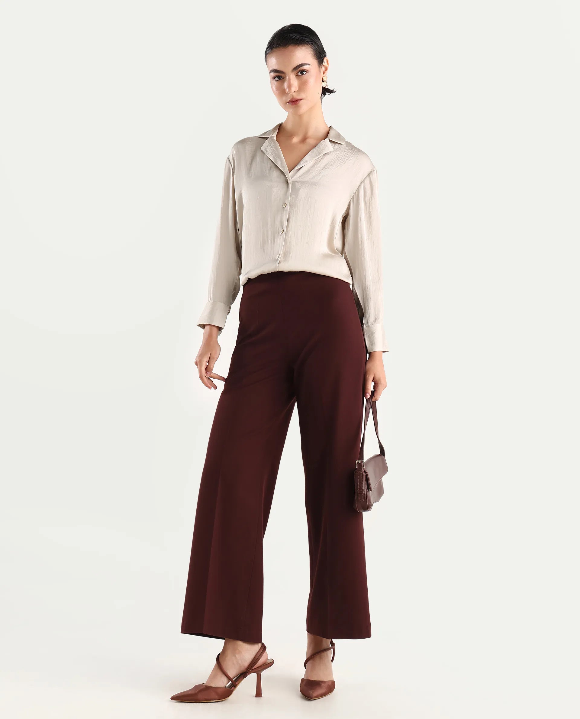 Rareism Women's Chant Beige Lapel Neck Plain Cuffed Sleeve Regular Fit Top