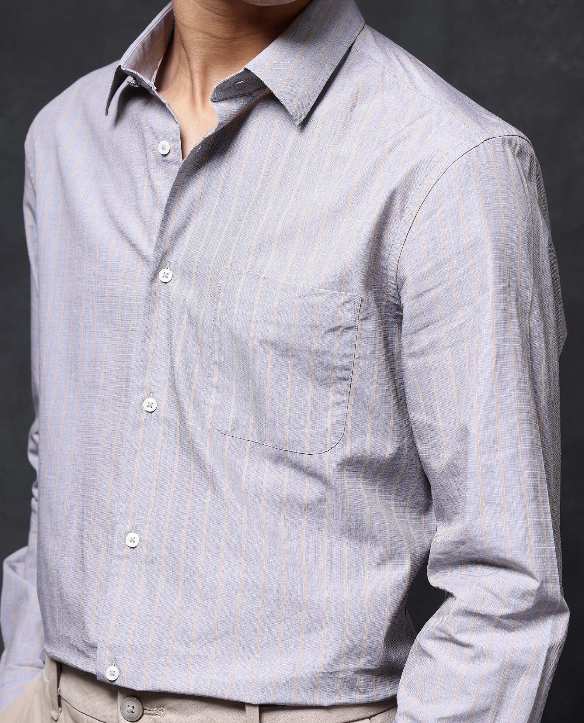 Rare Rabbit Men Charl Beige Cotton Fabric Full Sleeve Regular Fit Self Stripe Dobby Shirt