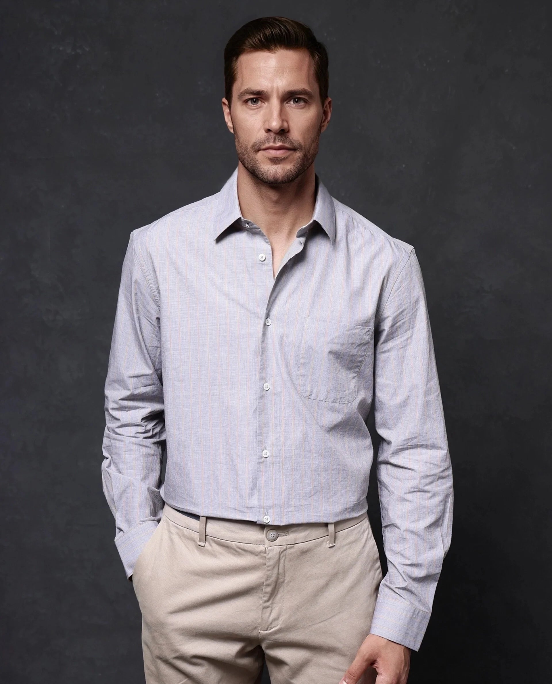 Rare Rabbit Men Charl Beige Cotton Fabric Full Sleeve Regular Fit Self Stripe Dobby Shirt