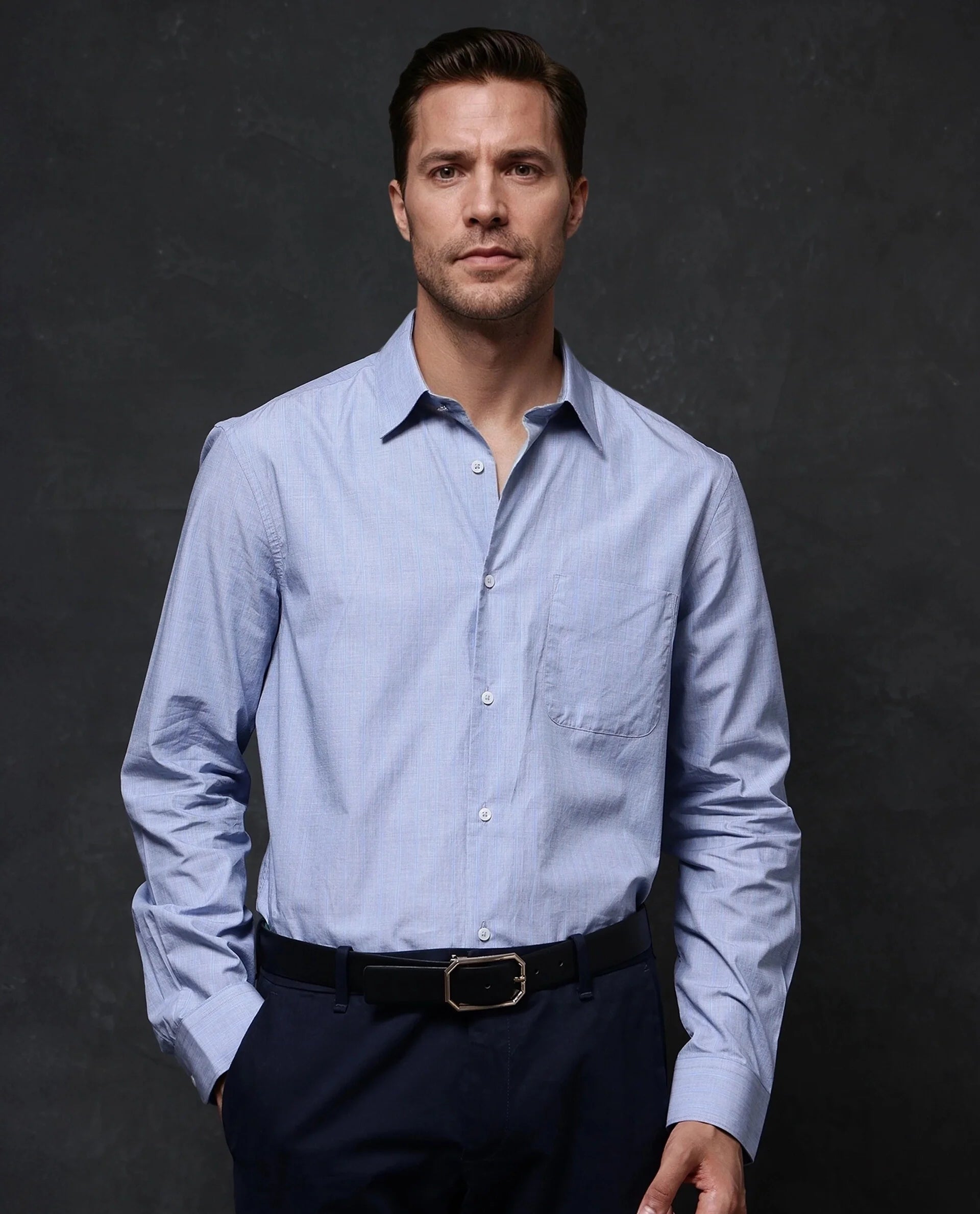 Rare Rabbit Men Charl Light Blue Cotton Fabric Full Sleeve Regular Fit Self Stripe Dobby Shirt