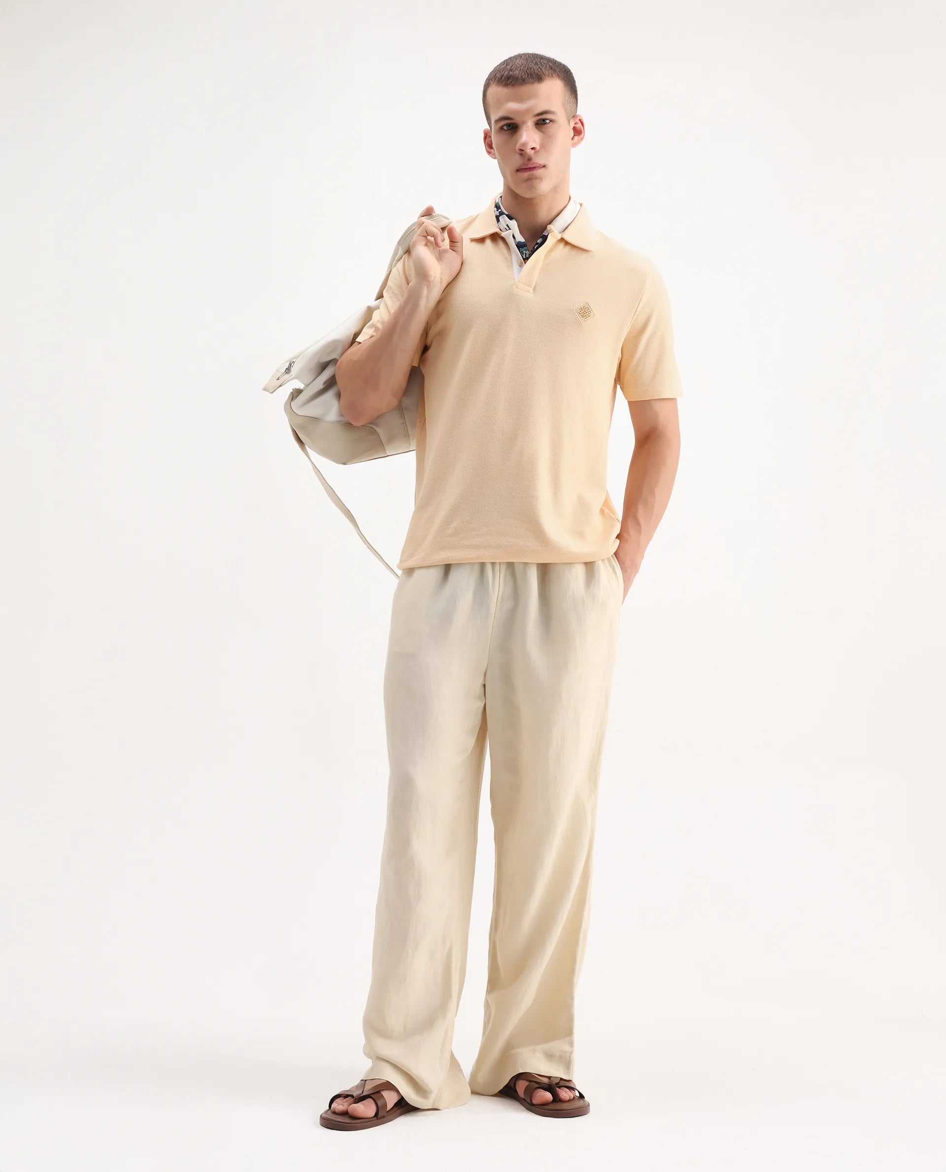 Rare Rabbit Men's Charles Light Yellow Cotton Plain Regular Fit Half Sleeve Polo