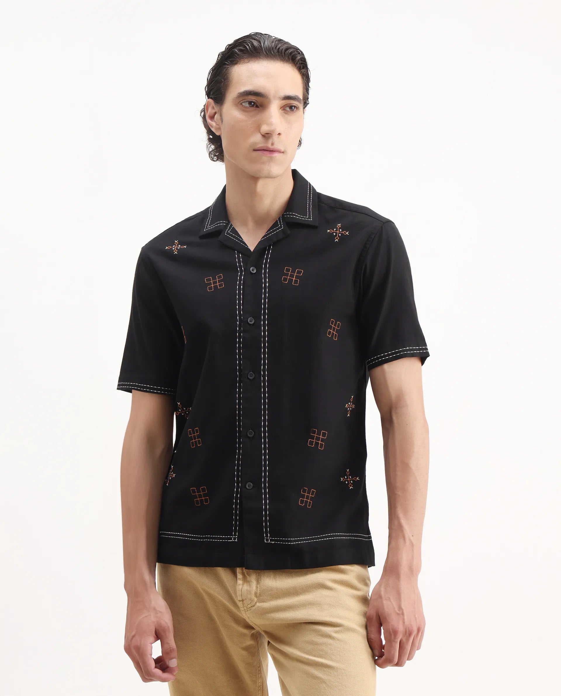 Rare Rabbit Men's Chate Black Cotton Embroidered Relaxed Fit Half Sleeve Cuban Collar Shirt