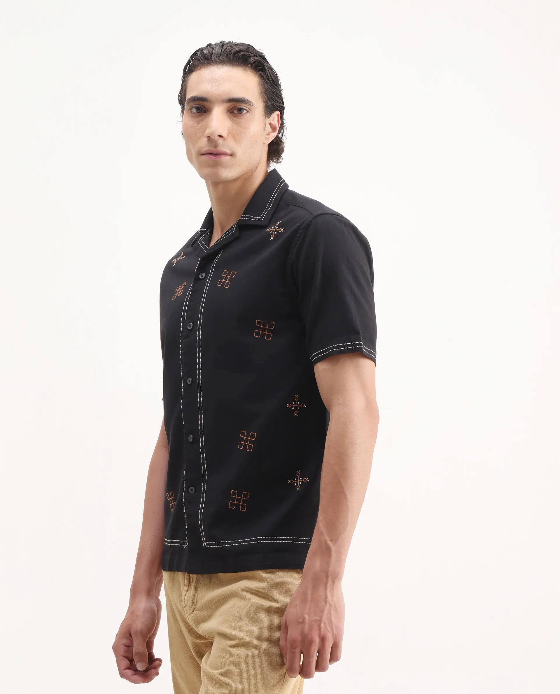 Rare Rabbit Men's Chate Black Cotton Embroidered Relaxed Fit Half Sleeve Cuban Collar Shirt