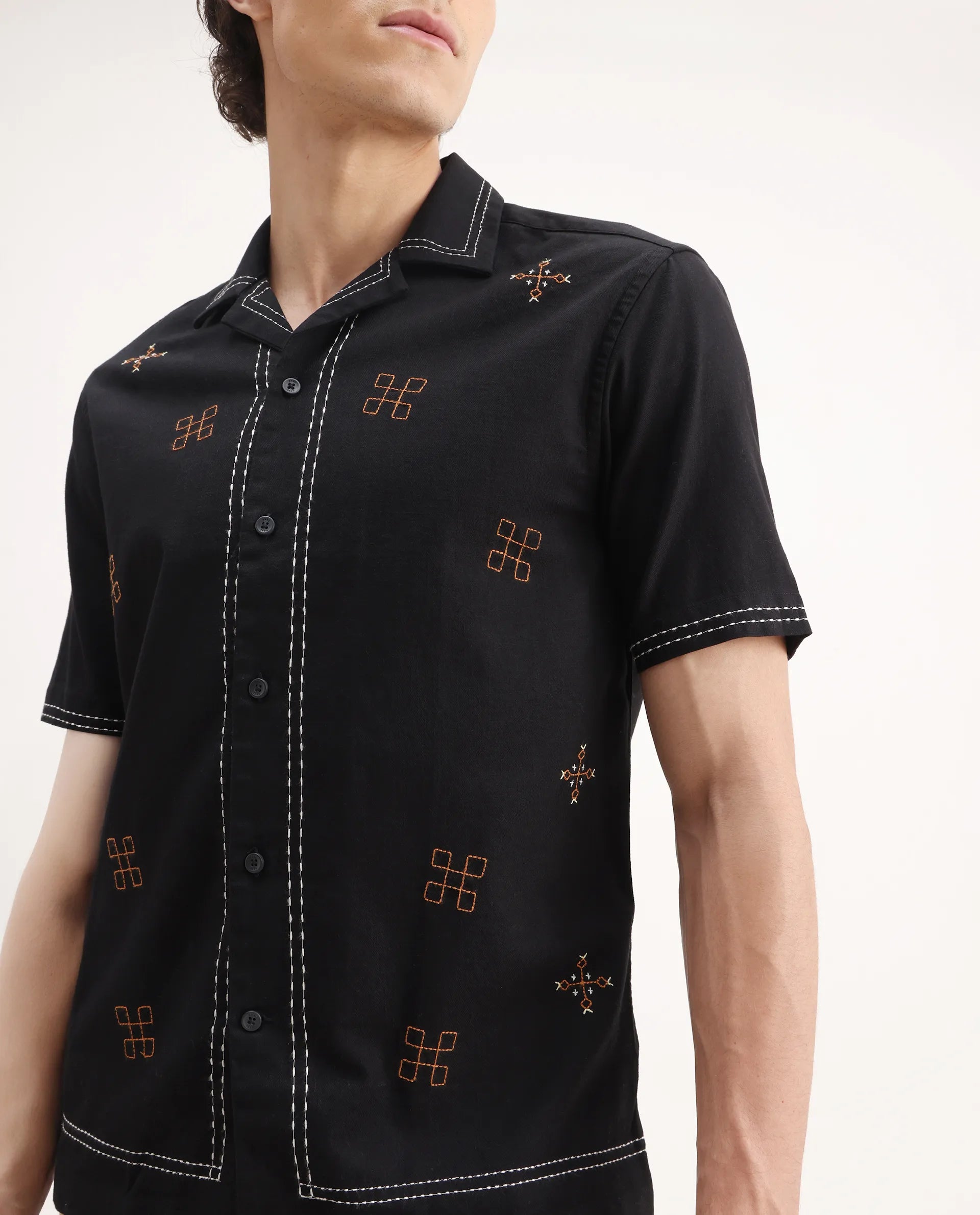 Rare Rabbit Men's Chate Black Cotton Embroidered Relaxed Fit Half Sleeve Cuban Collar Shirt