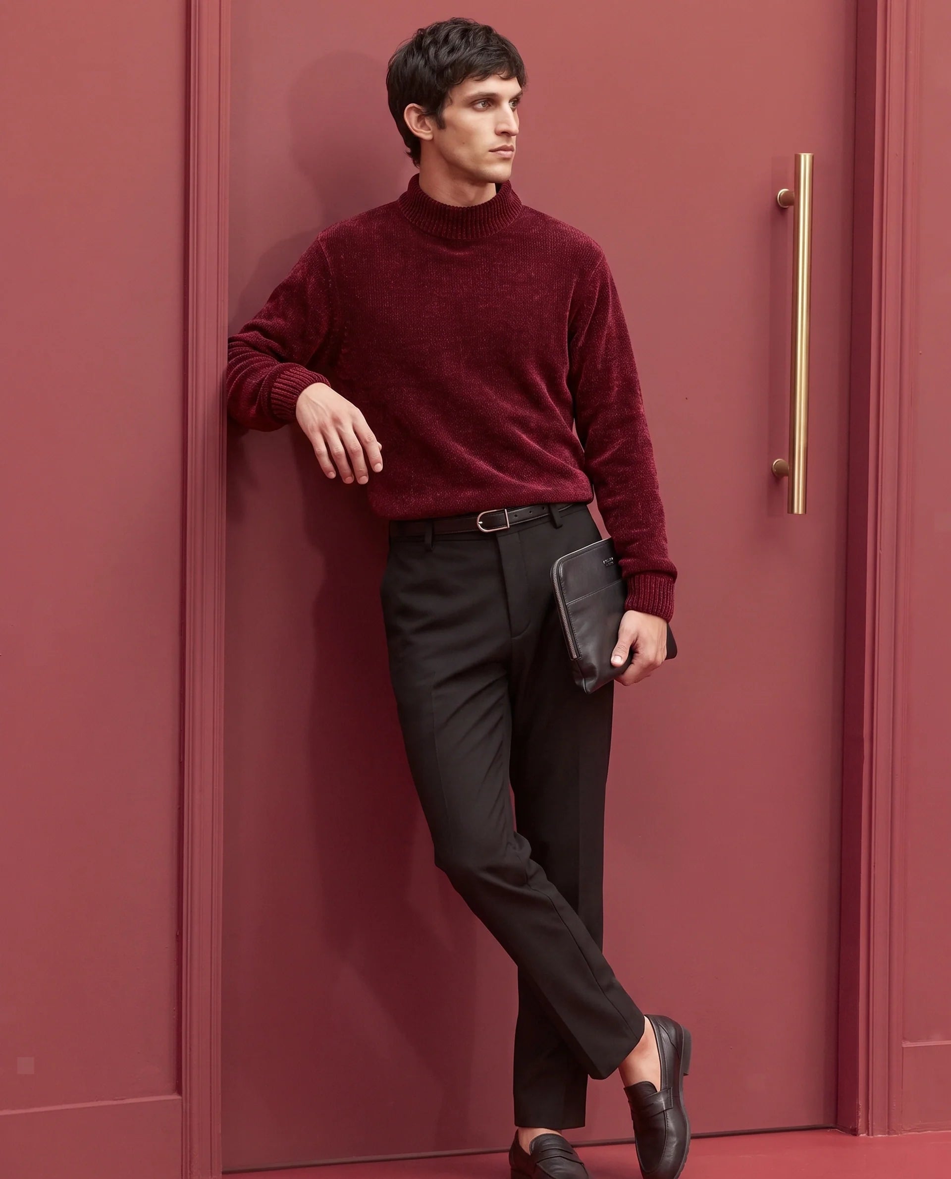 Rare Rabbit Men's Chenor Dark Red Polyester Regular Fit Plain Sweater