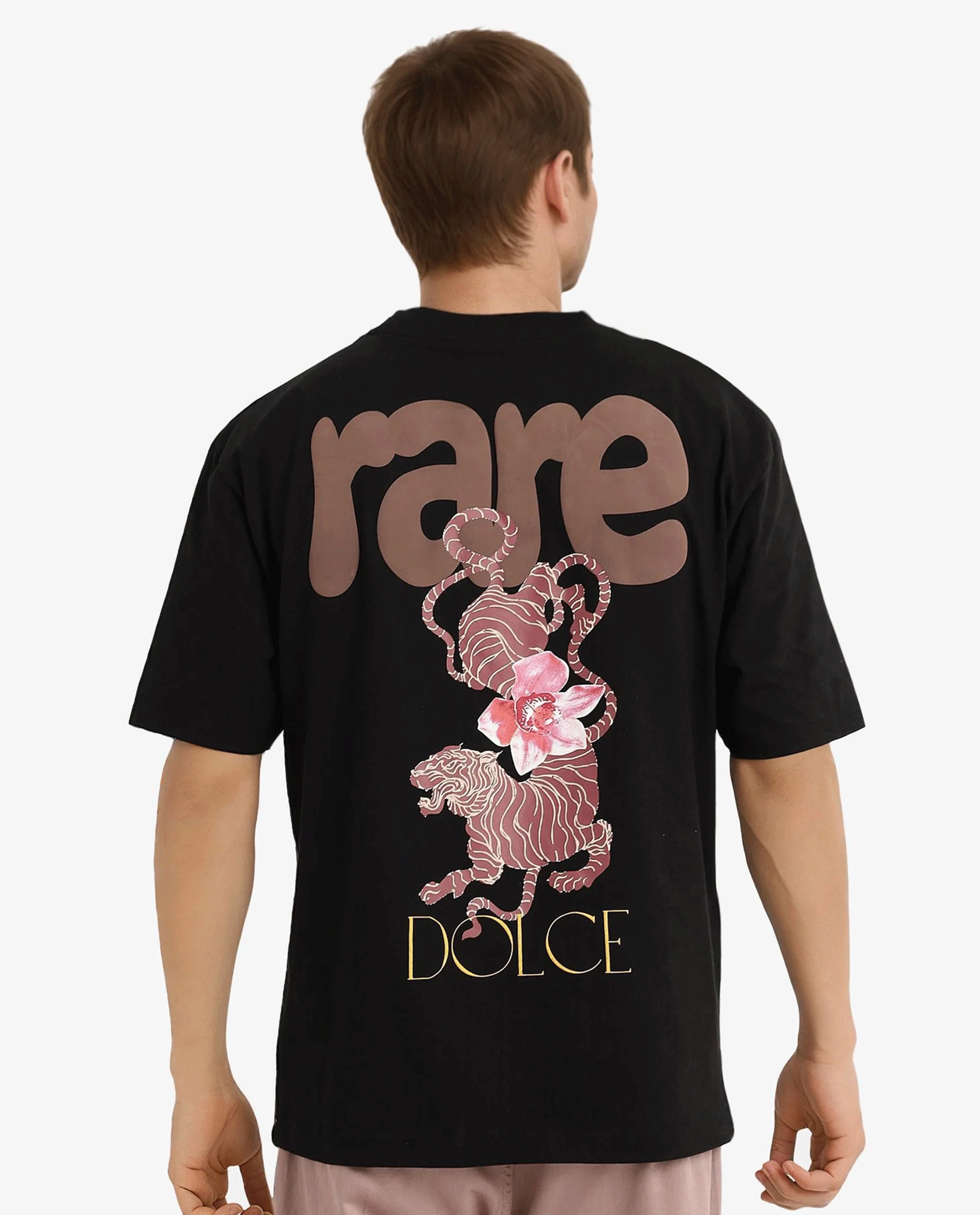 Rare Rabbit Men Chers Black Cotton Fabric Short Sleeve Crew Neck Oversized Fit Graphic Back Print T-Shirt