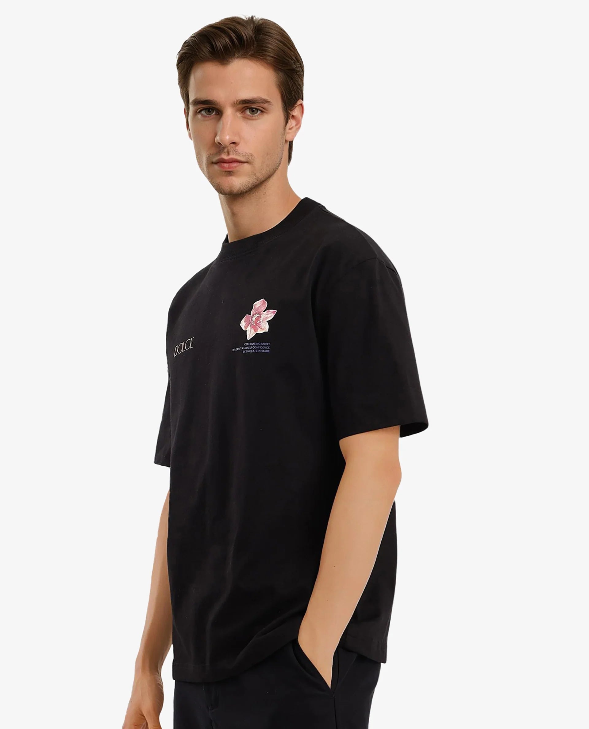 Rare Rabbit Men Chers Black Cotton Fabric Short Sleeve Crew Neck Oversized Fit Graphic Back Print T-Shirt