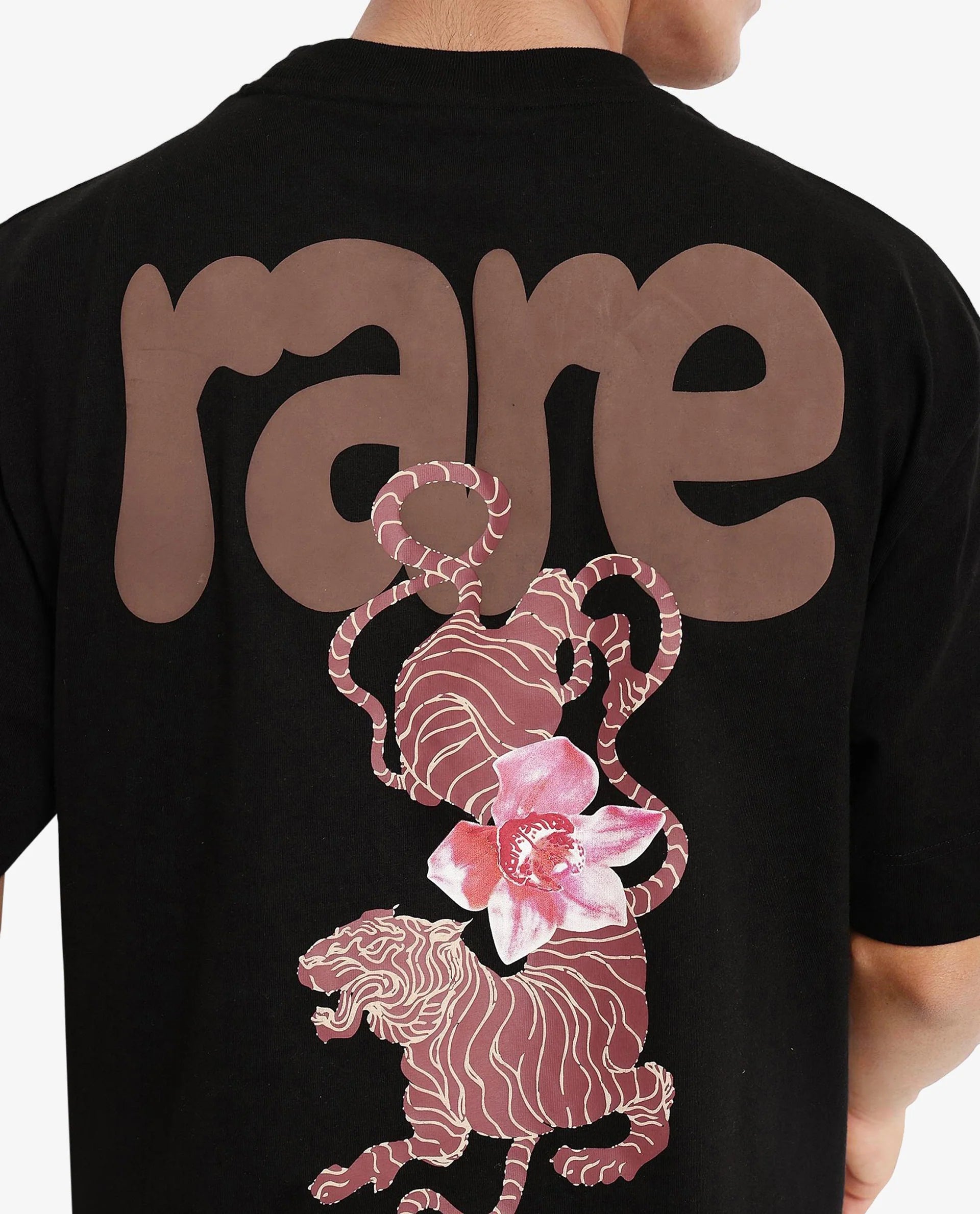 Rare Rabbit Men Chers Black Cotton Fabric Short Sleeve Crew Neck Oversized Fit Graphic Back Print T-Shirt