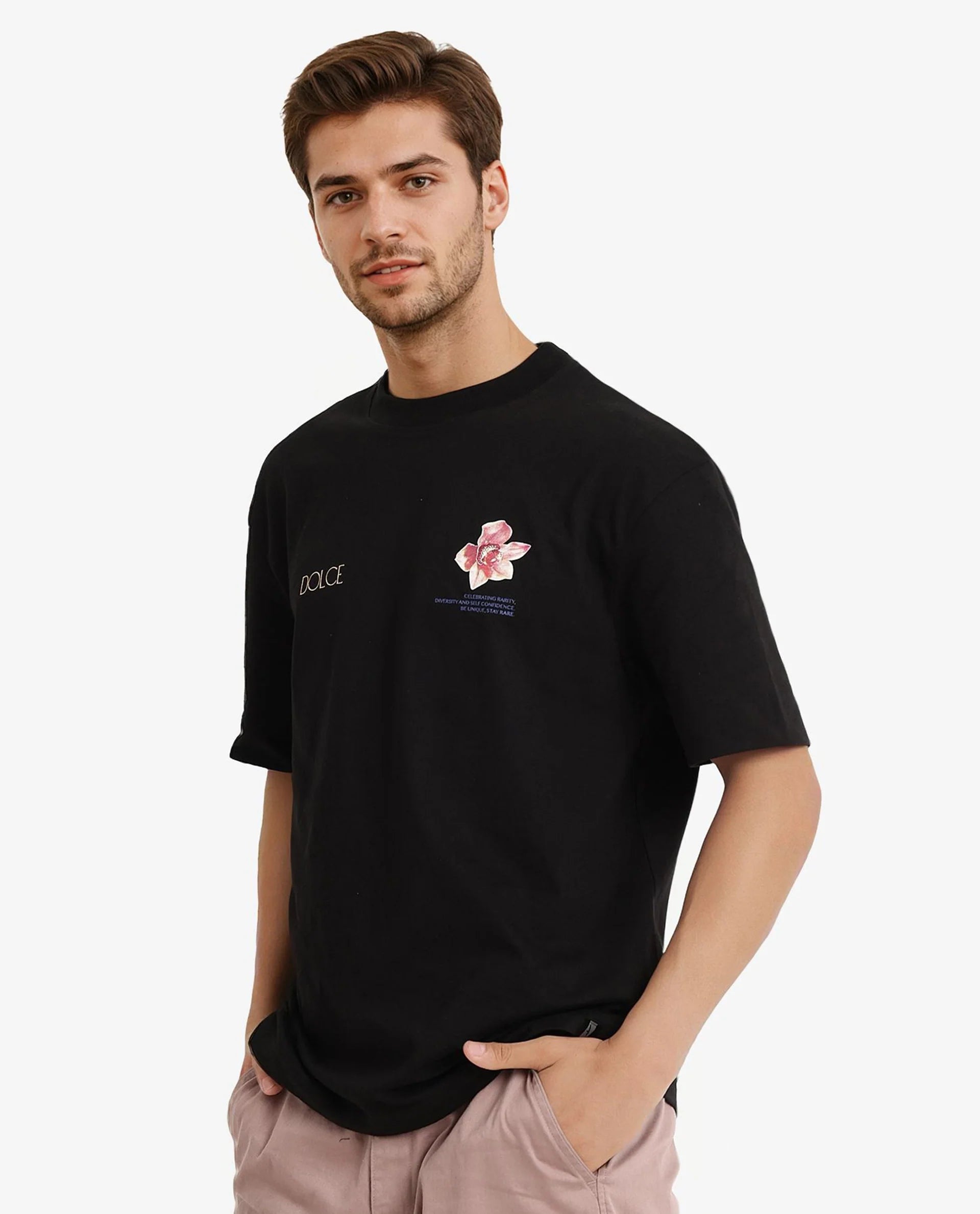 Rare Rabbit Men Chers Black Cotton Fabric Short Sleeve Crew Neck Oversized Fit Graphic Back Print T-Shirt