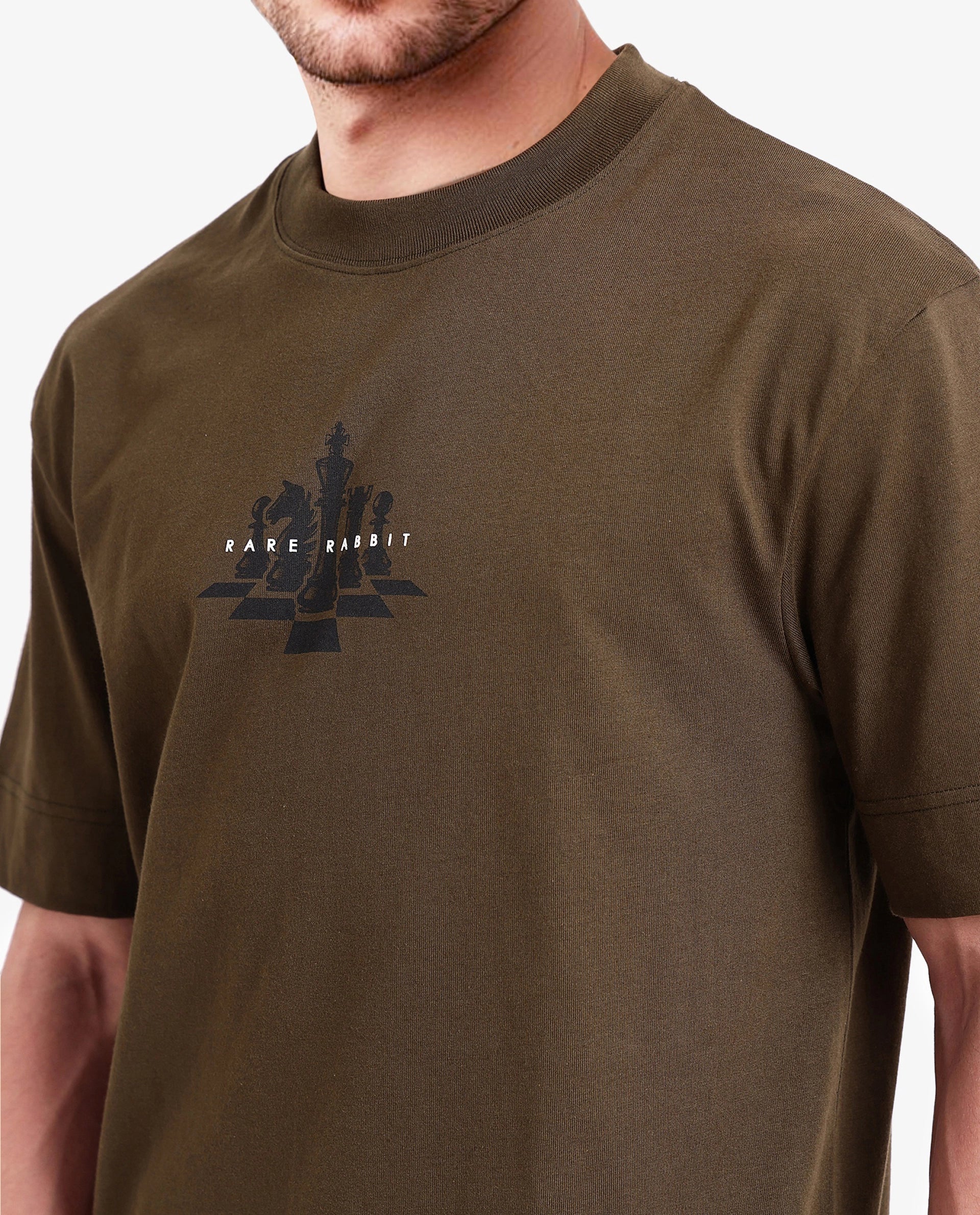 Rare Rabbit Men Chess Olive Cotton Fabric Short Sleeve Crew Neck Oversized Fit Graphic Print T-Shirt