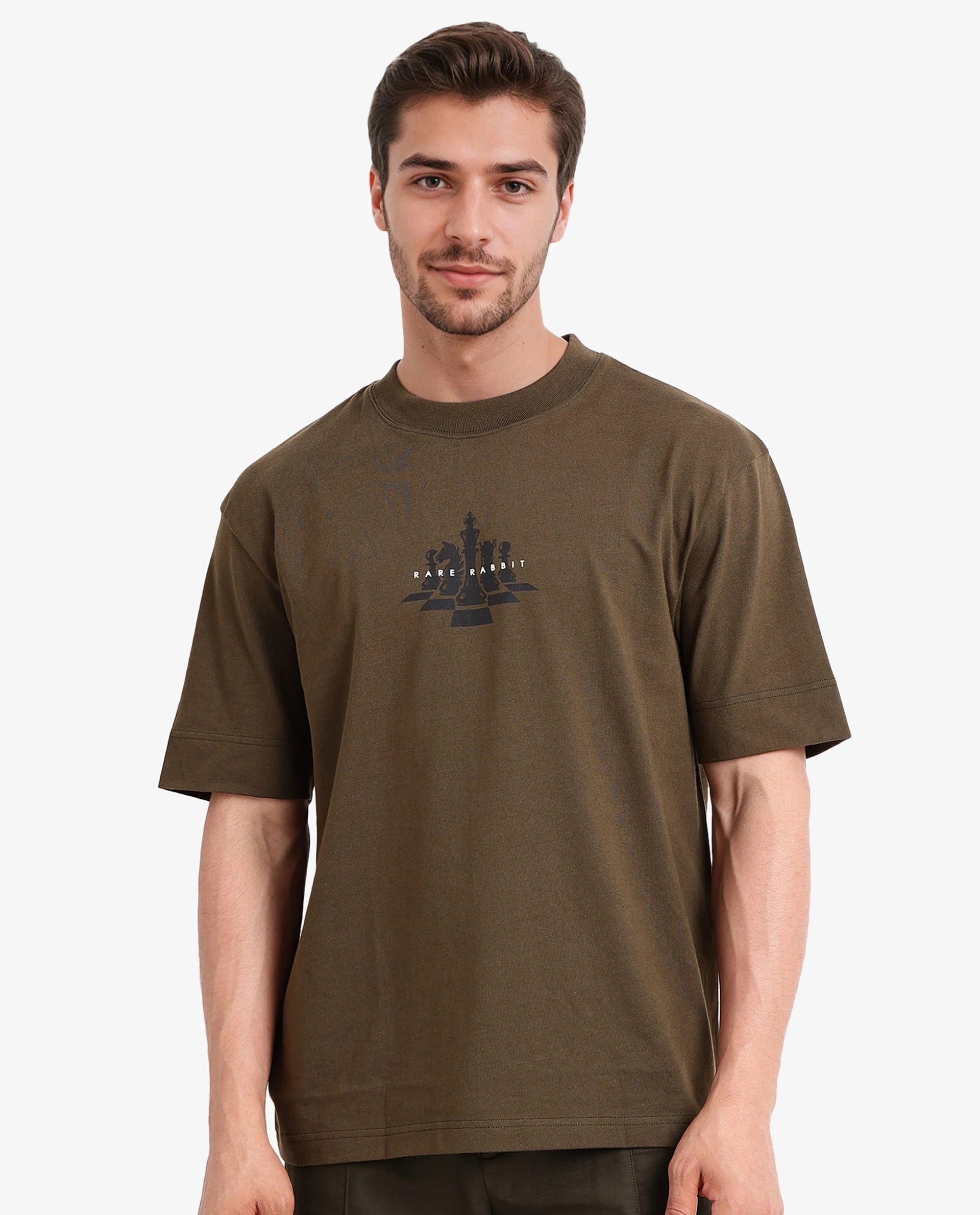 Rare Rabbit Men Chess Olive Cotton Fabric Short Sleeve Crew Neck Oversized Fit Graphic Print T-Shirt