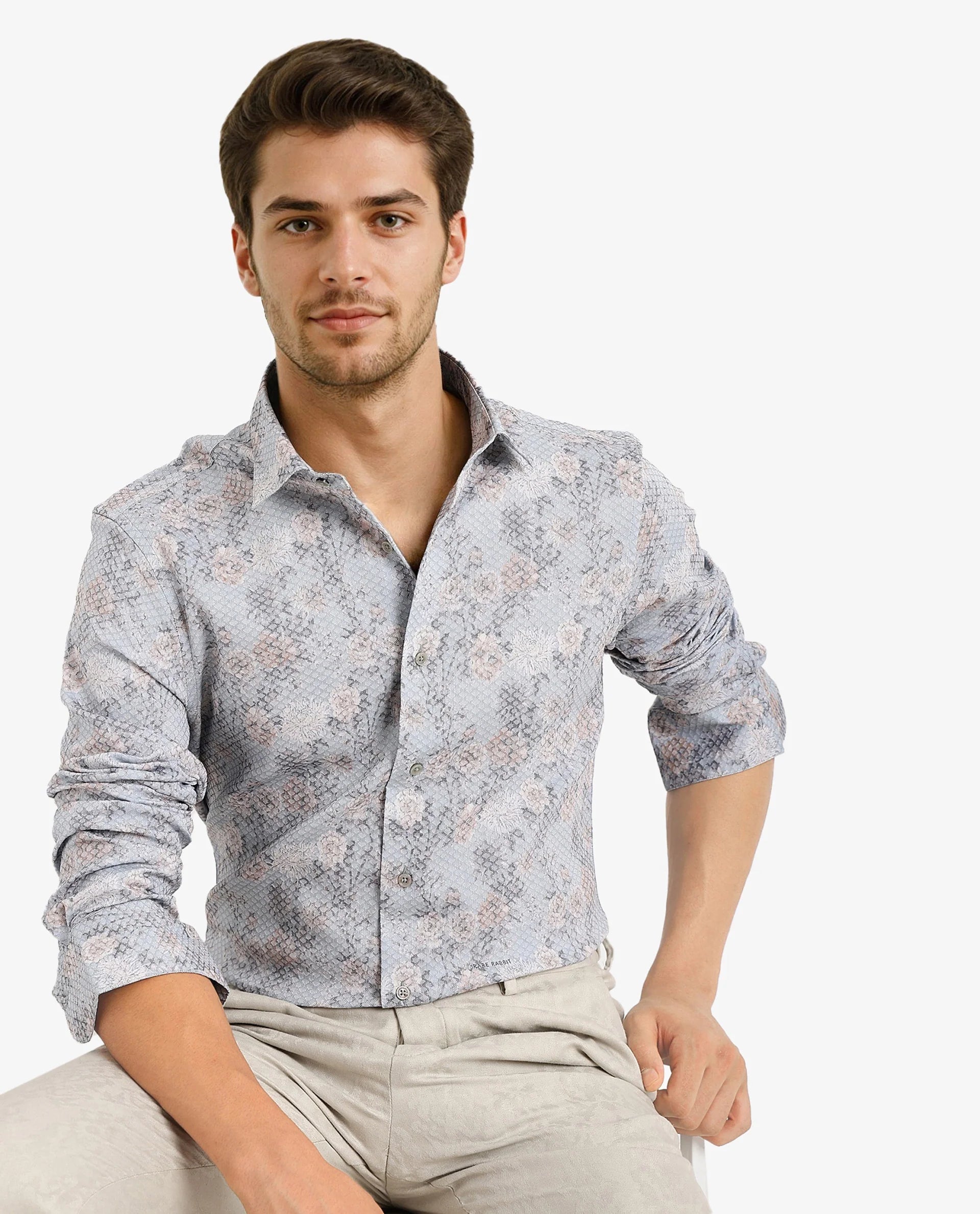 Rare Rabbit Men Chester Pastel Blue Cotton Polyester Fabric Blend Full Sleeve Regular Fit Floral Print Textured Shirt