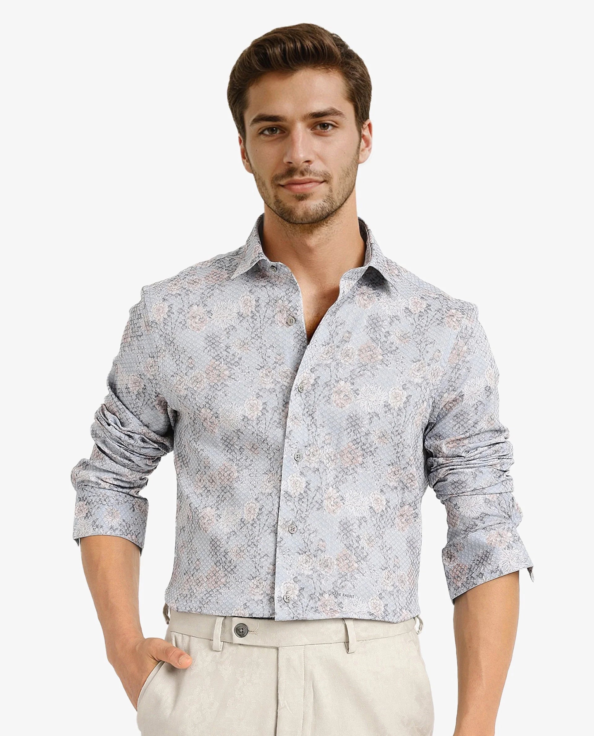 Rare Rabbit Men Chester Pastel Blue Cotton Polyester Fabric Blend Full Sleeve Regular Fit Floral Print Textured Shirt