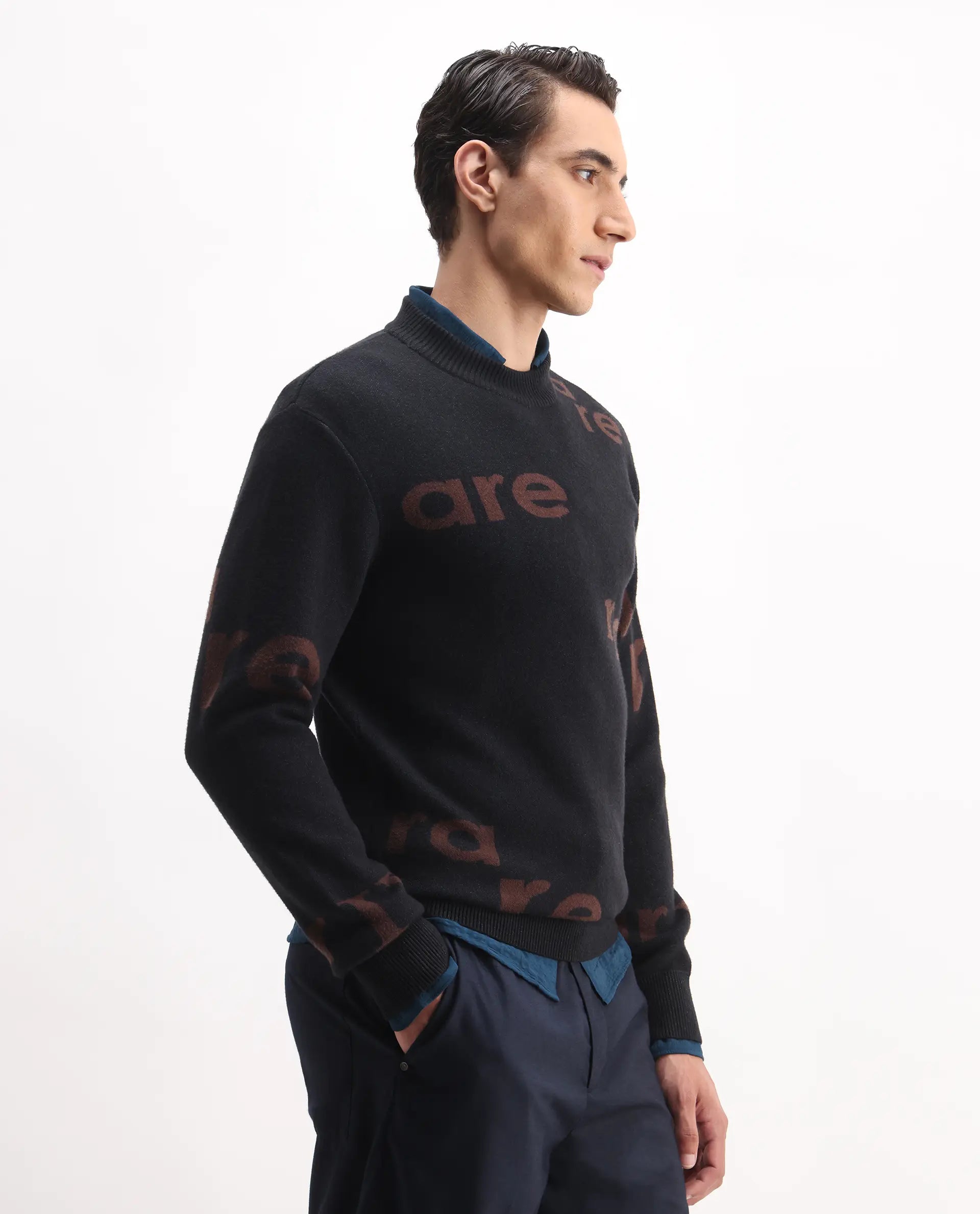 Rare Rabbit Men's Chet Dark Green Viscose Monogram Print Regular Fit Full Sleeve Crew Neck Sweater
