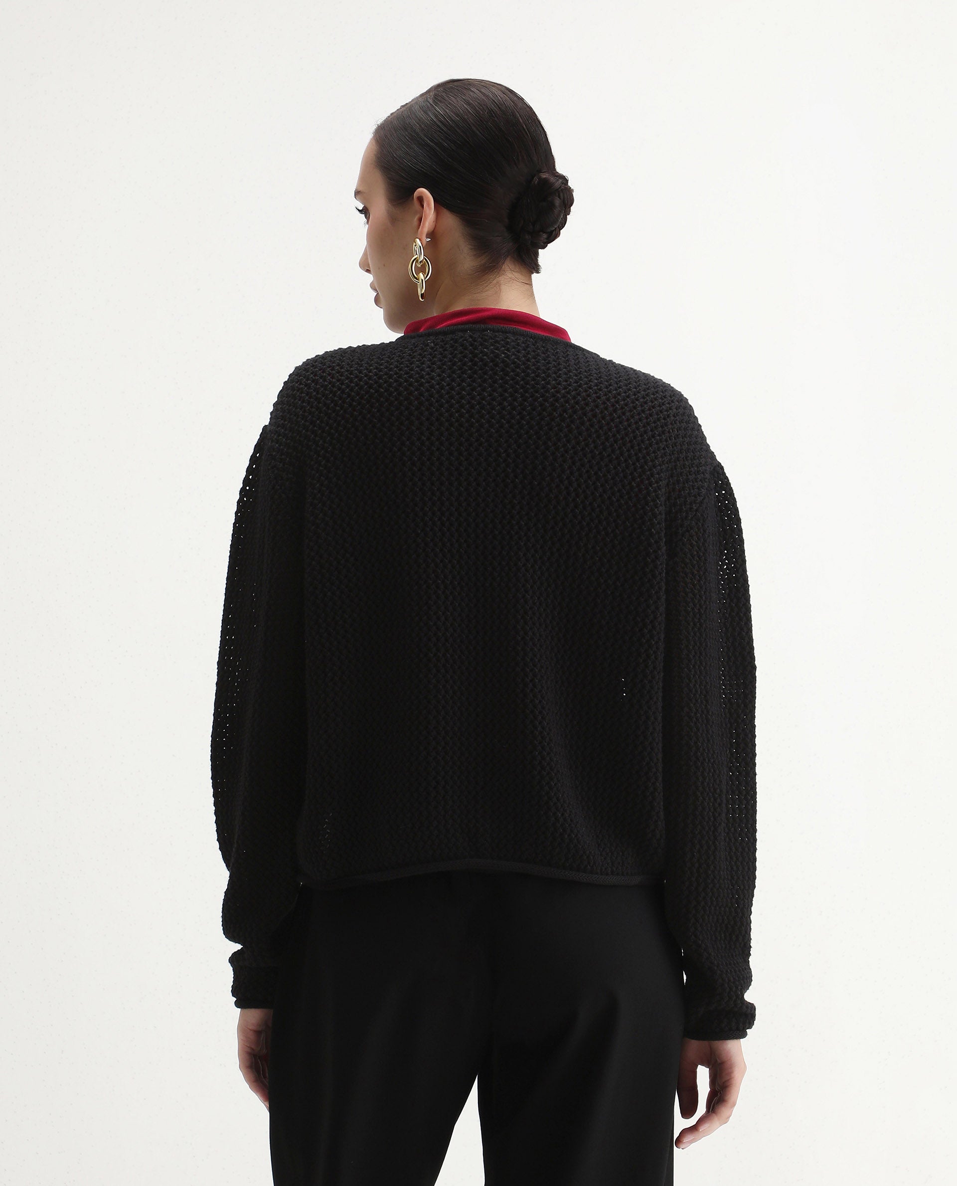 Rareism Women's Chetza Black Cotton Crew Neck Relaxed Fit Cardigan