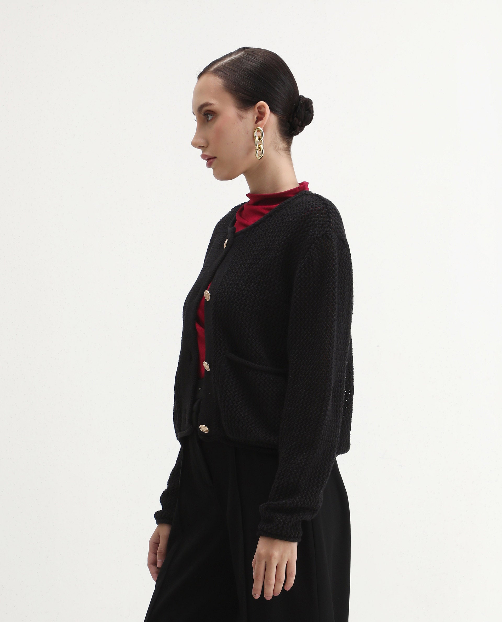Rareism Women's Chetza Black Cotton Crew Neck Relaxed Fit Cardigan