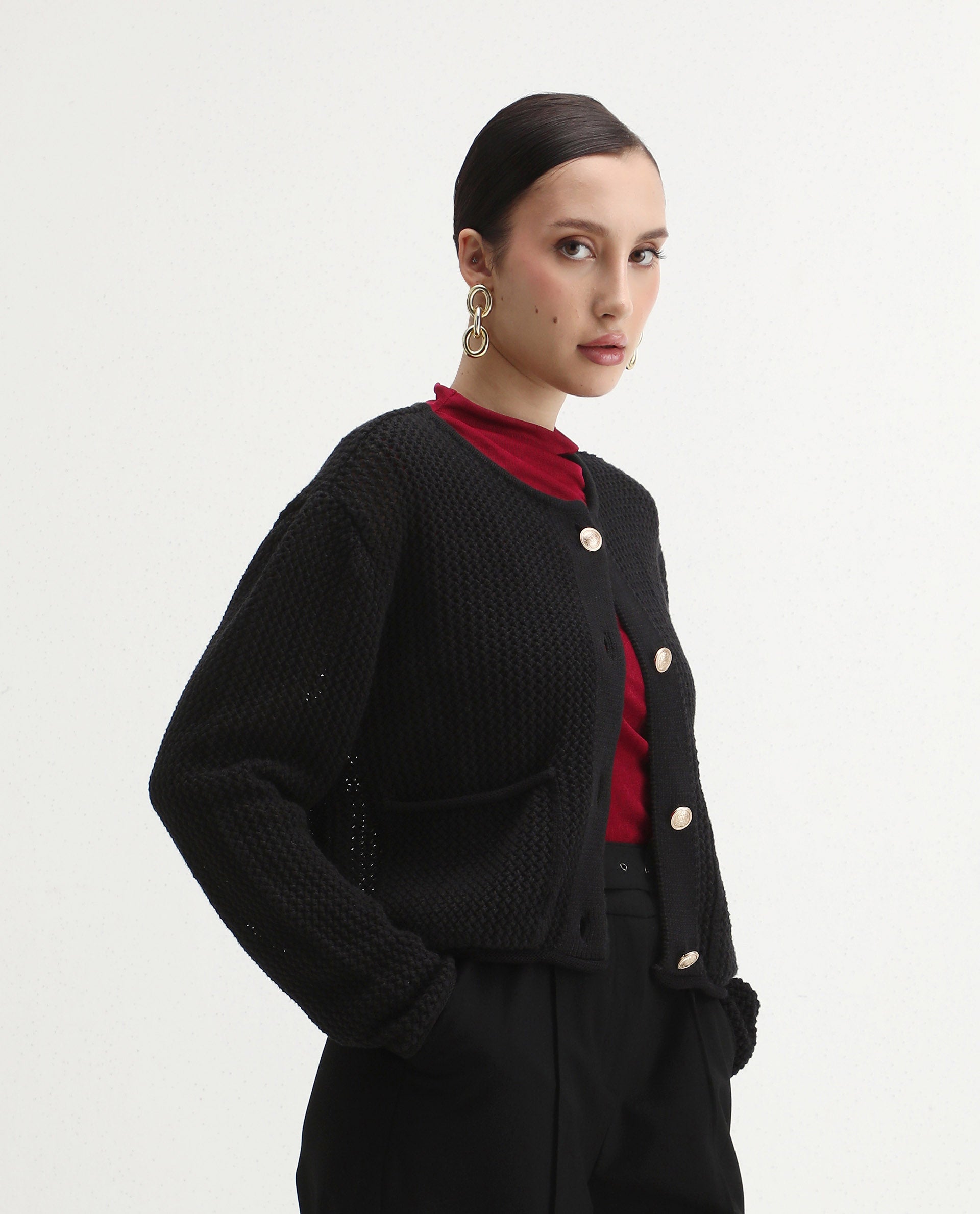 Rareism Women's Chetza Black Cotton Crew Neck Relaxed Fit Cardigan