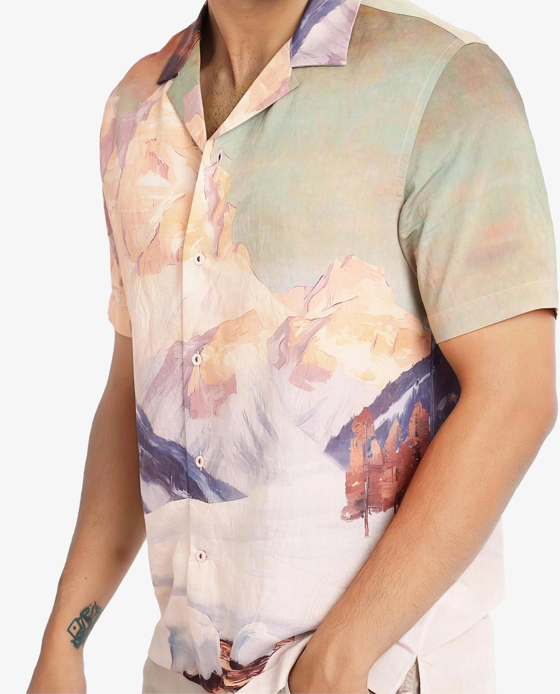 Rare Rabbit Men Chil Light Orange Short Sleeve Cuban Collar Boxy Fit Decorative Print Shirt