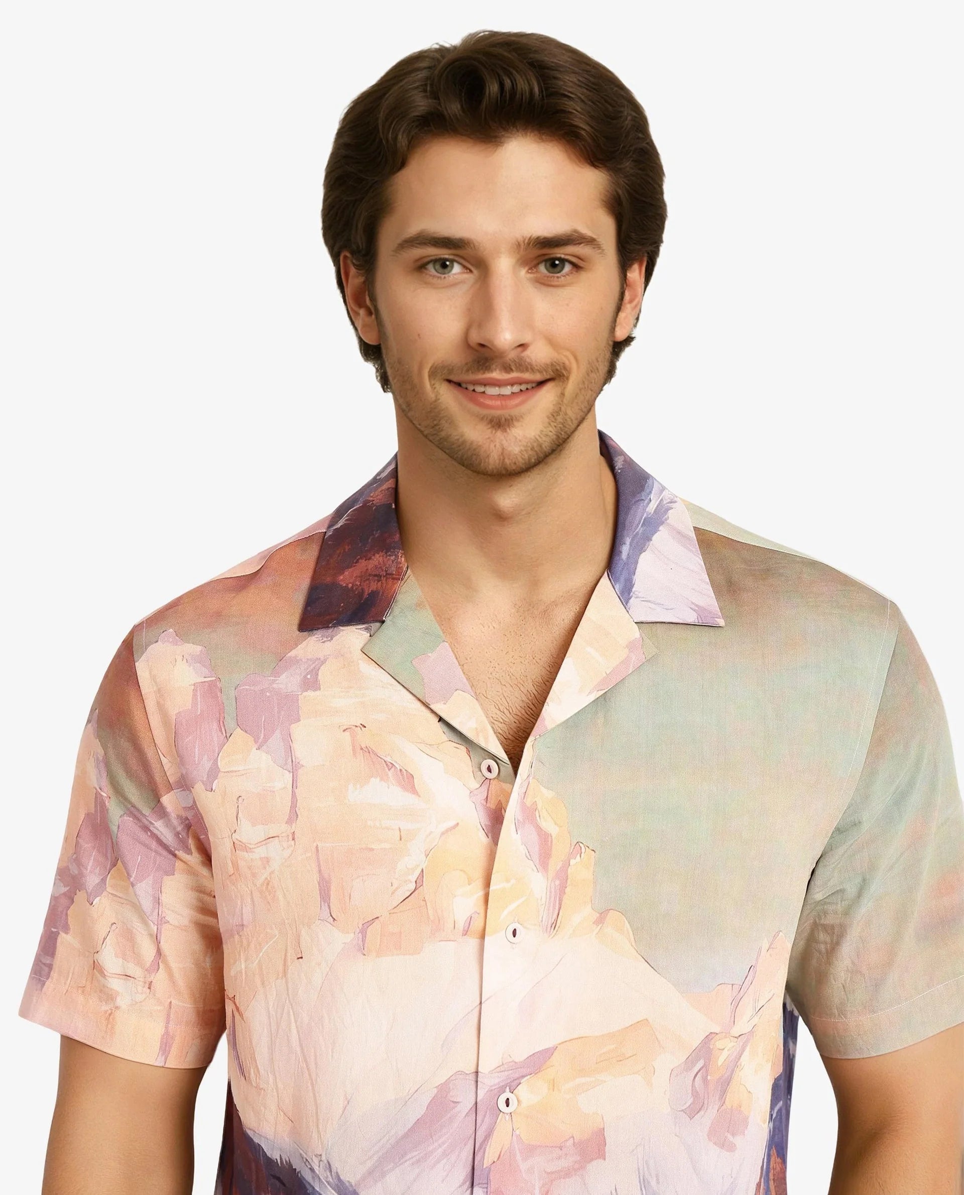 Rare Rabbit Men Chil Light Orange Short Sleeve Cuban Collar Boxy Fit Decorative Print Shirt