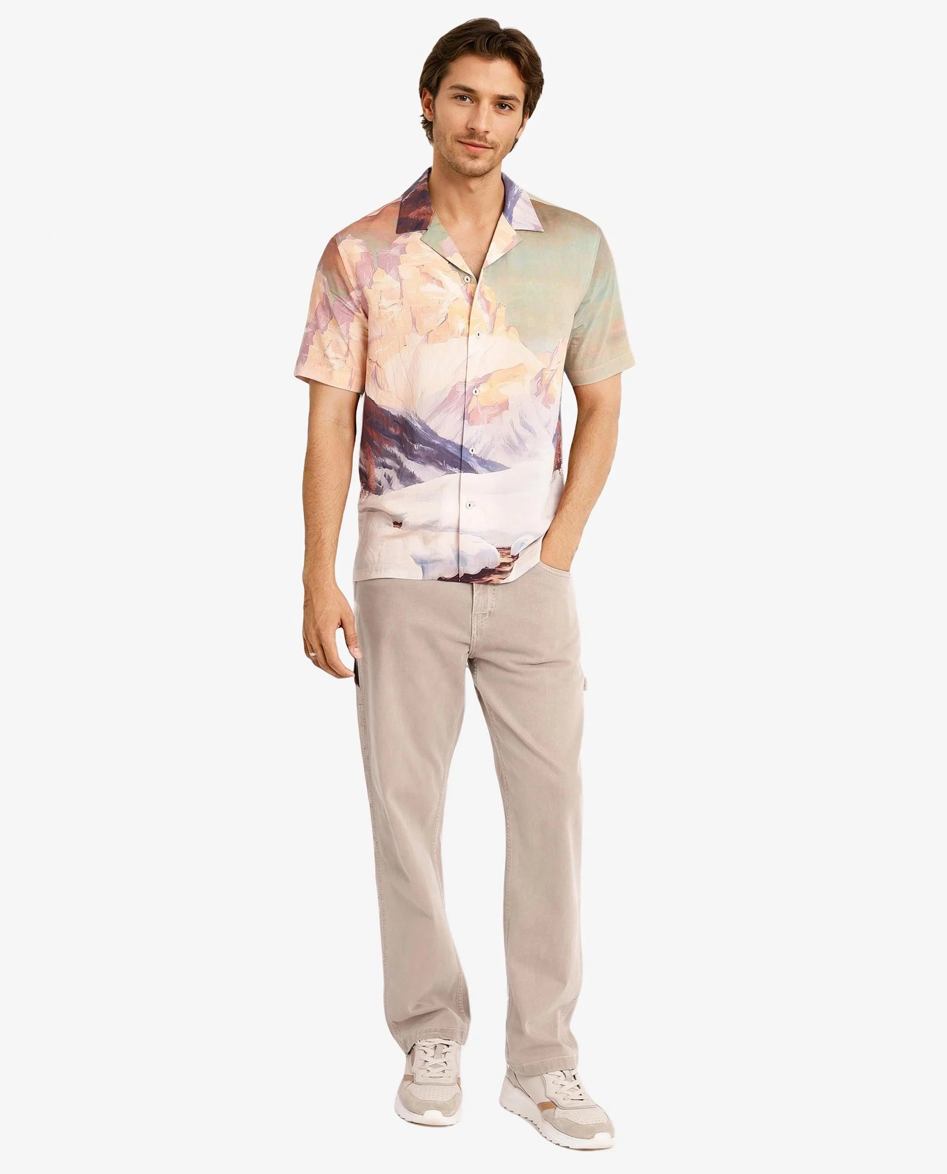 Rare Rabbit Men Chil Light Orange Short Sleeve Cuban Collar Boxy Fit Decorative Print Shirt