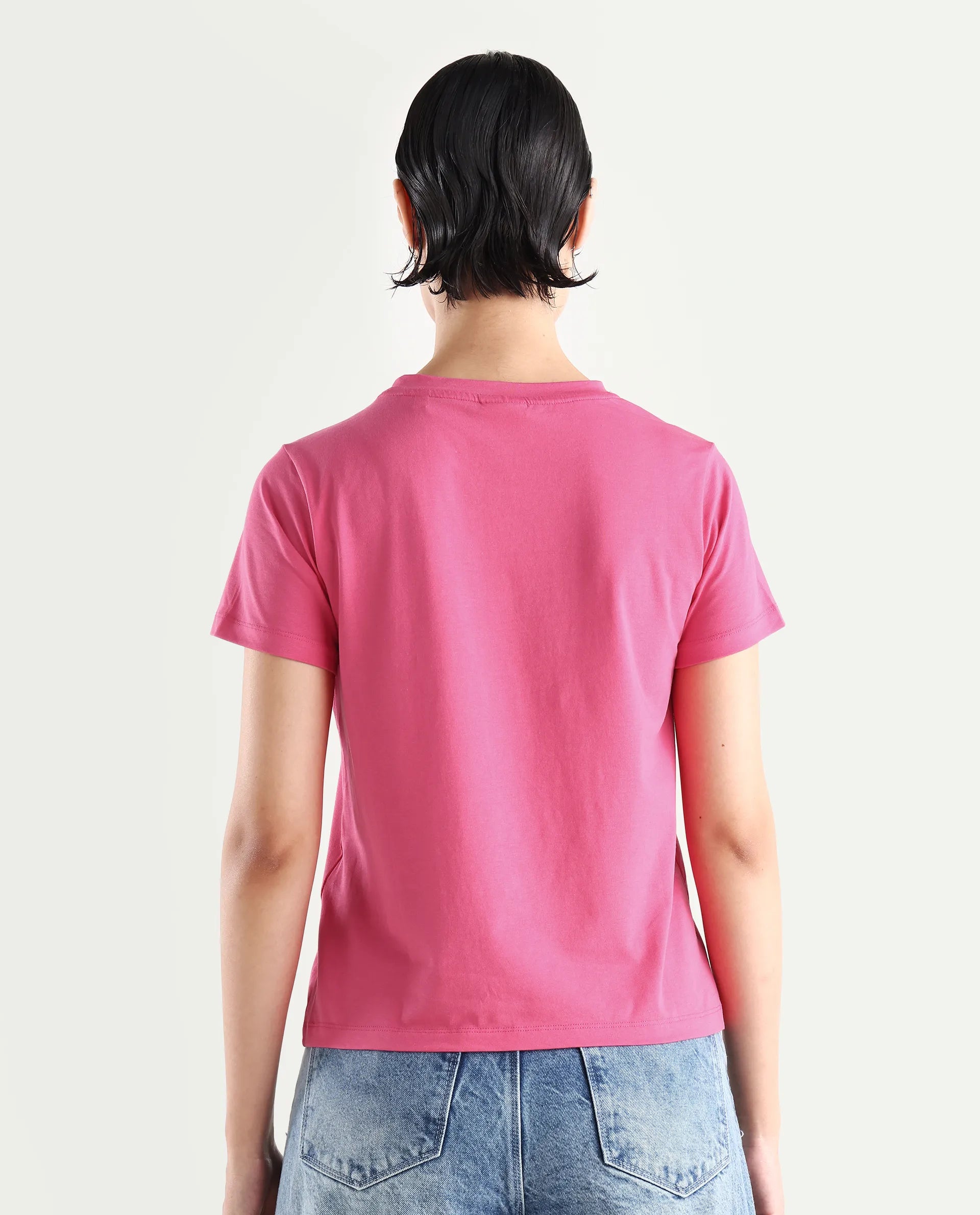 Rareism Women's Ciara Flouroscent Pink Cotton Blend Crew Neck Graphic Print Regular Fit T-Shirt