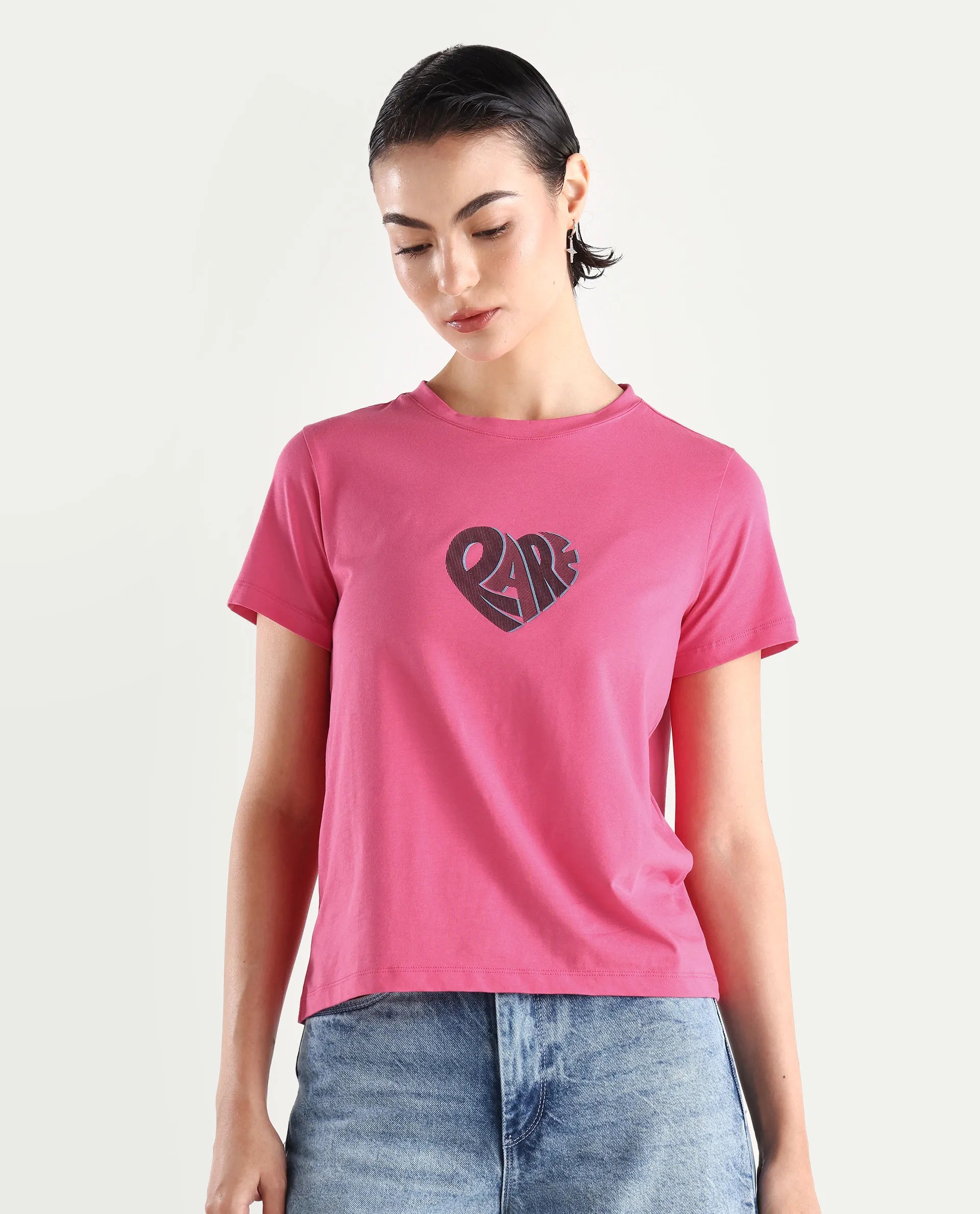 Rareism Women's Ciara Flouroscent Pink Cotton Blend Crew Neck Graphic Print Regular Fit T-Shirt