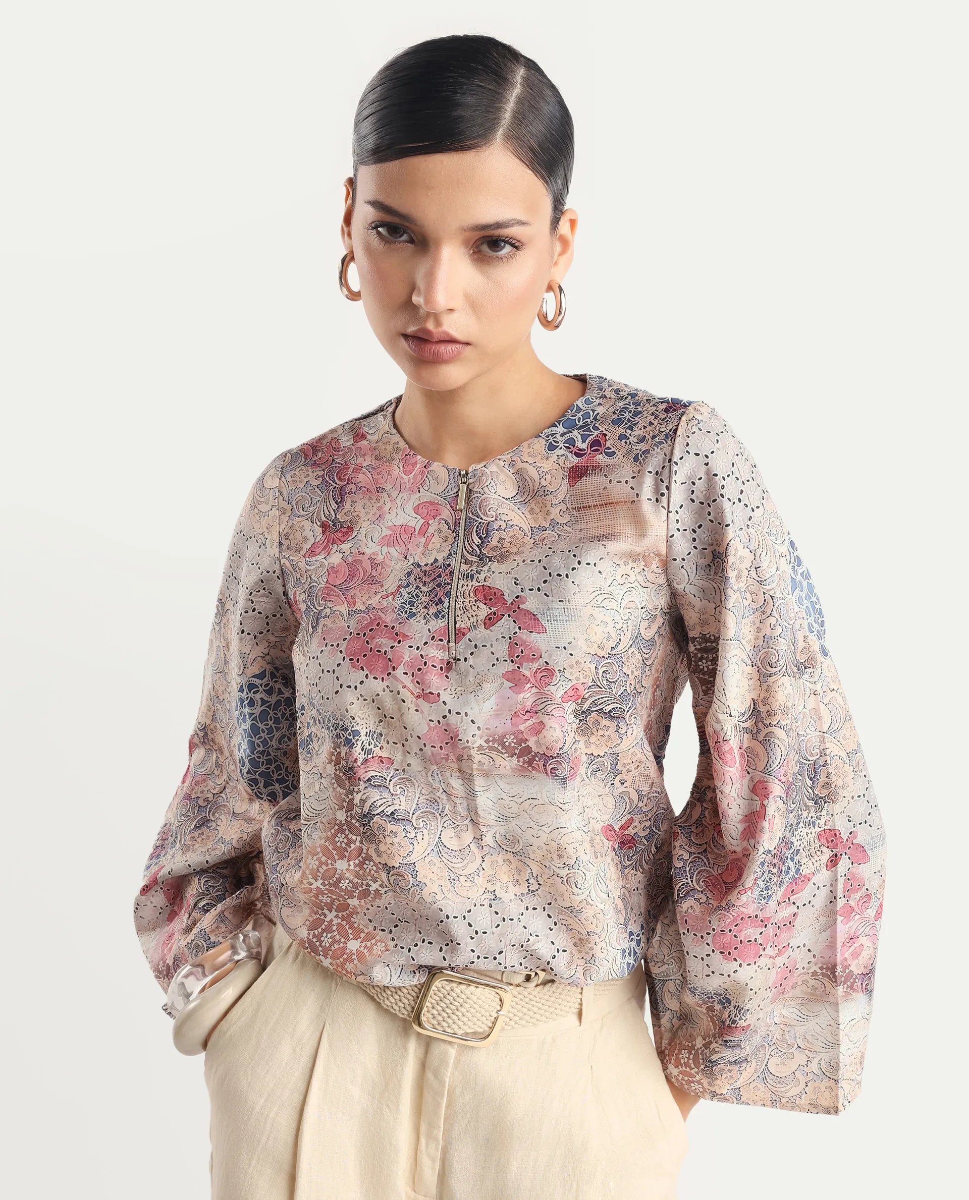 Rareism Women's Ciko Light Multi Satin Round Neck Abstract Print Volume Sleeve Regular Fit Top