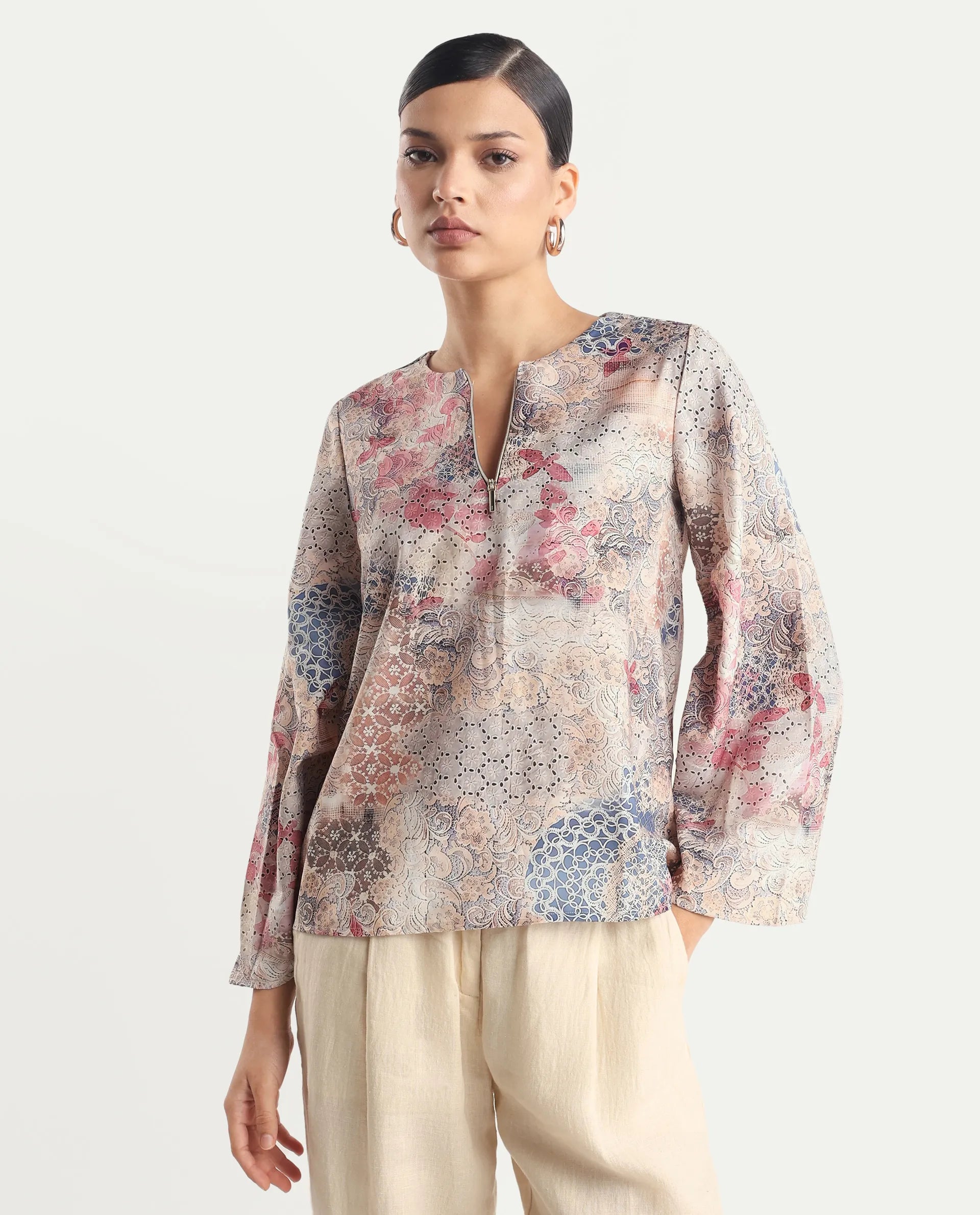 Rareism Women's Ciko Light Multi Satin Round Neck Abstract Print Volume Sleeve Regular Fit Top