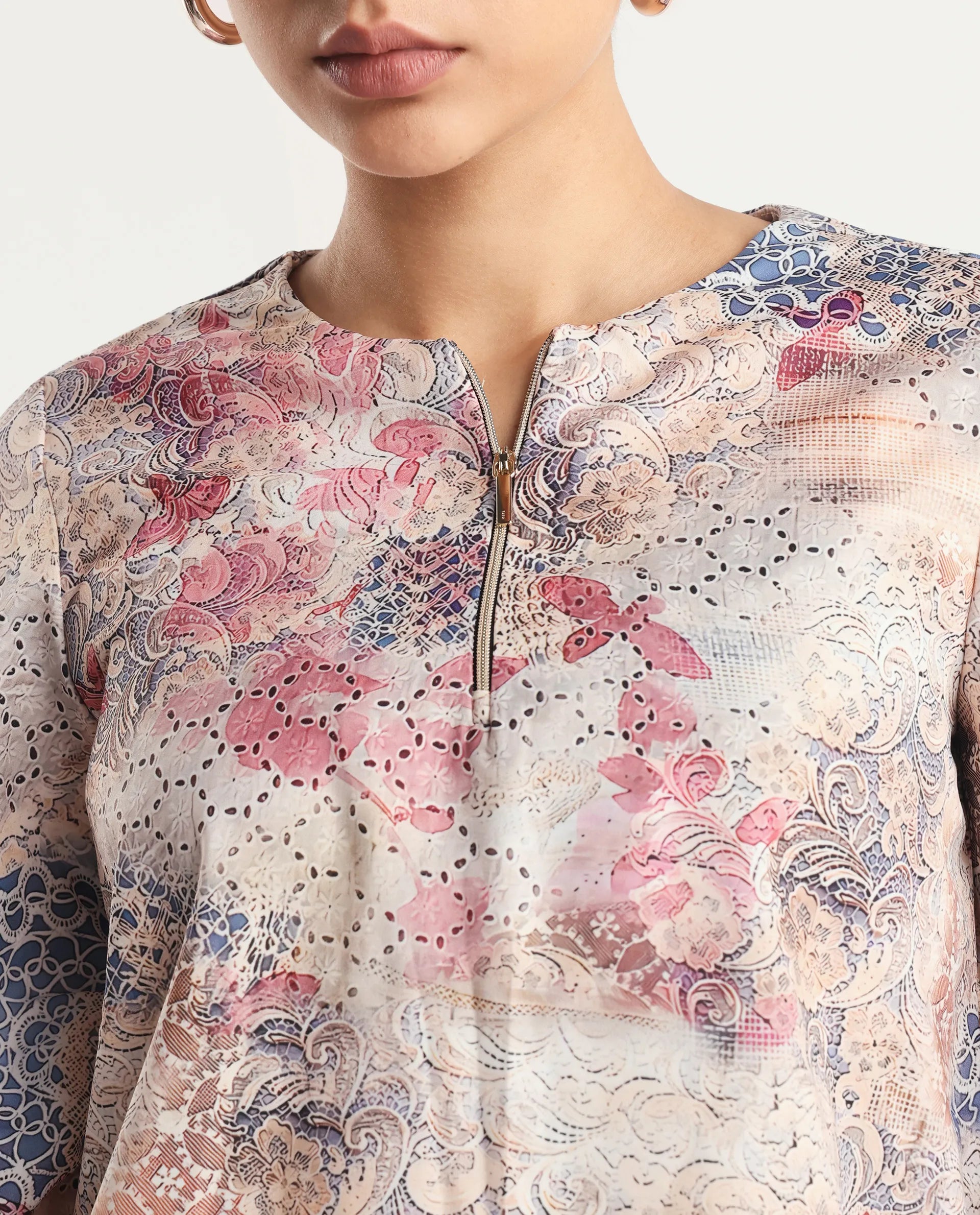 Rareism Women's Ciko Light Multi Satin Round Neck Abstract Print Volume Sleeve Regular Fit Top