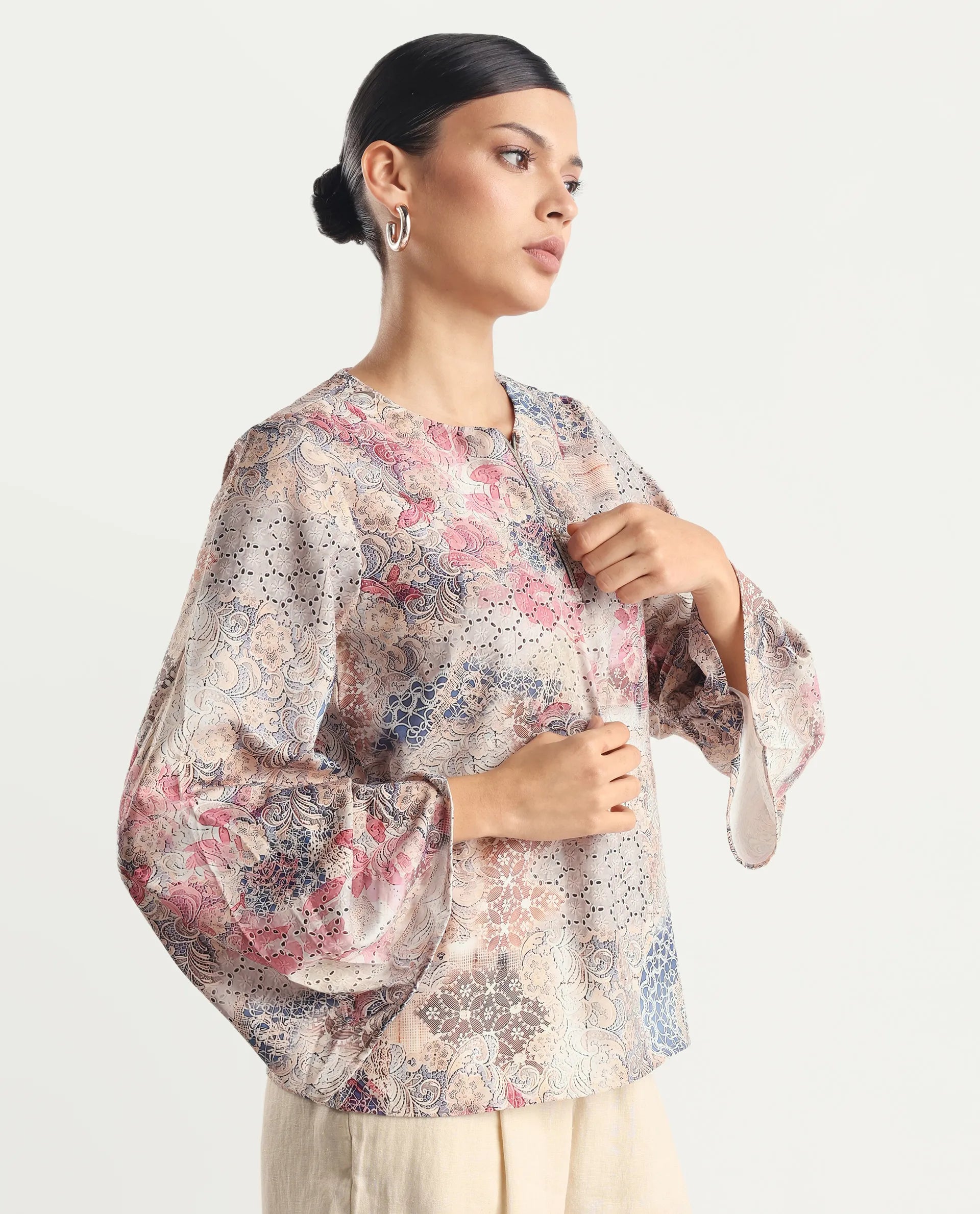 Rareism Women's Ciko Light Multi Satin Round Neck Abstract Print Volume Sleeve Regular Fit Top