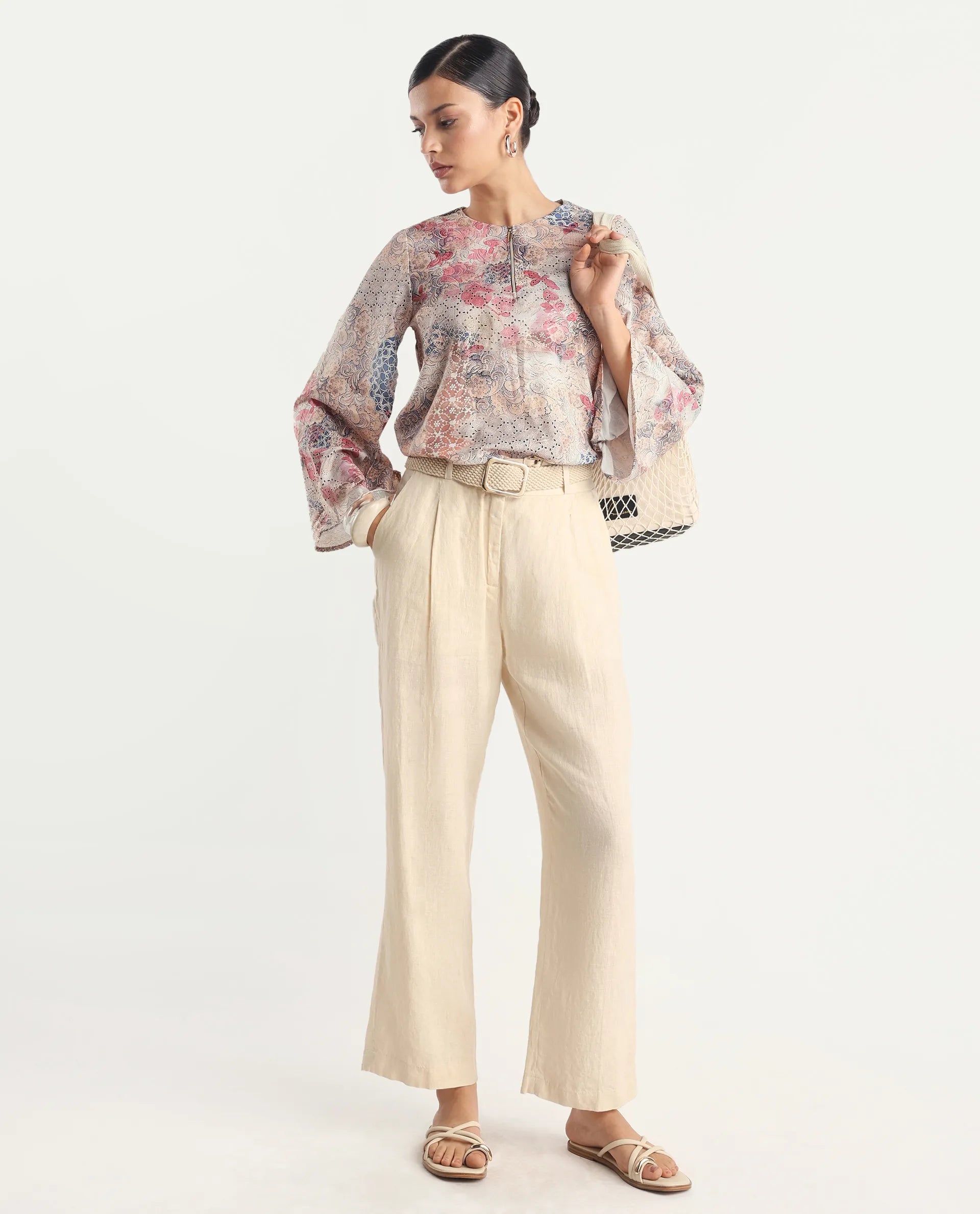 Rareism Women's Ciko Light Multi Satin Round Neck Abstract Print Volume Sleeve Regular Fit Top