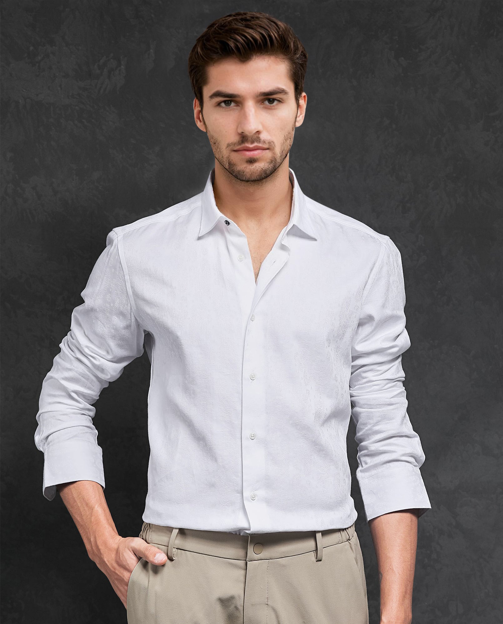 Rare Rabbit Men's Cina White Cotton Fabric Full Sleeves Jacquard Paisley Shirt