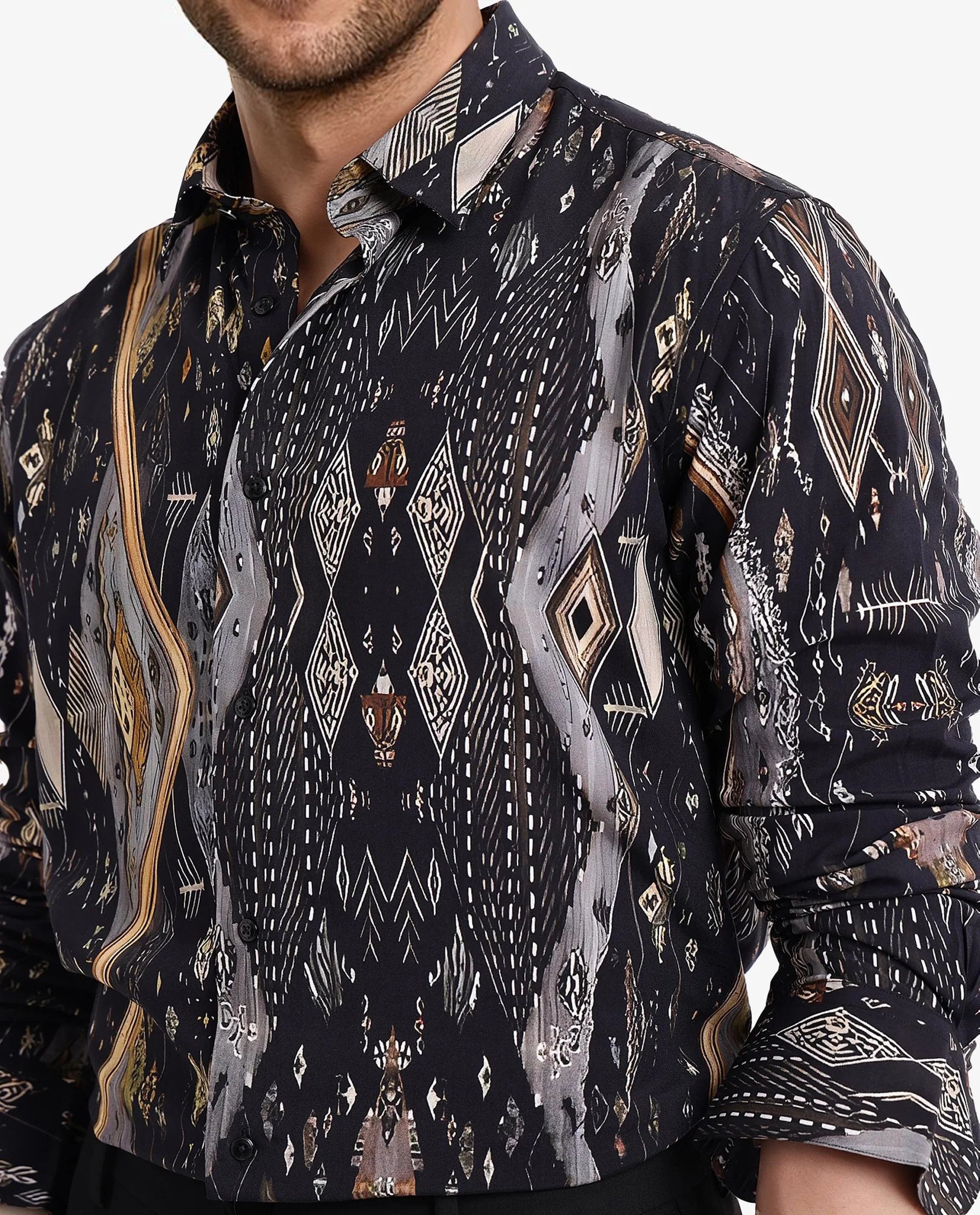 Rare Rabbit Men Ciphor Black Full Sleeve Regular Fit Decorative Print Shirt