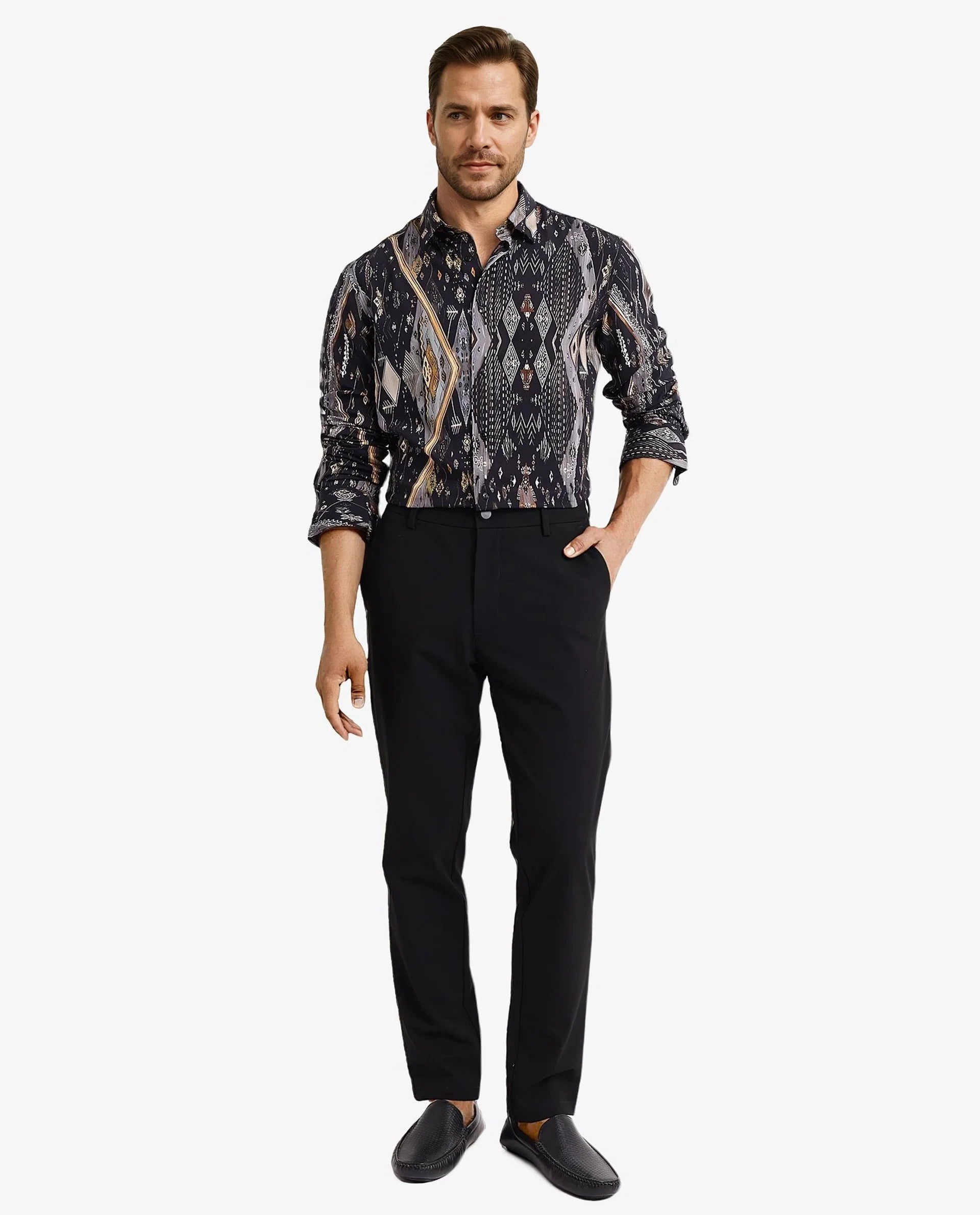 Rare Rabbit Men Ciphor Black Full Sleeve Regular Fit Decorative Print Shirt