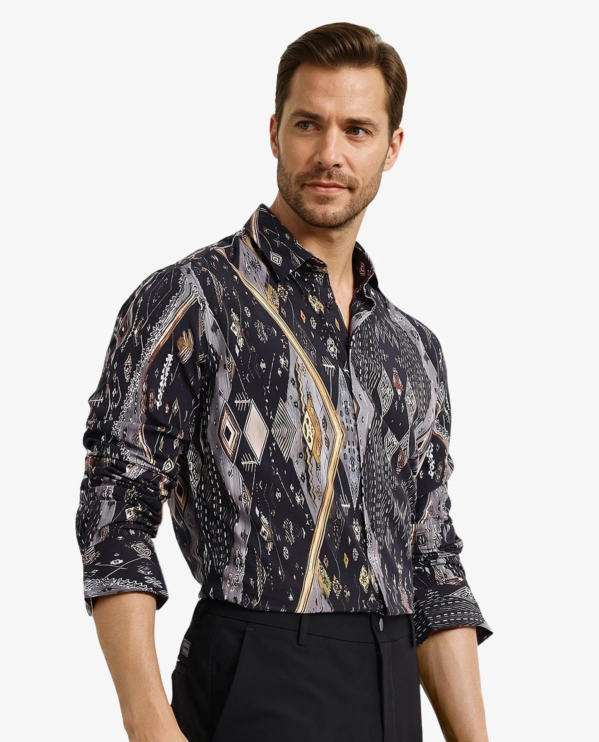 Rare Rabbit Men Ciphor Black Full Sleeve Regular Fit Decorative Print Shirt