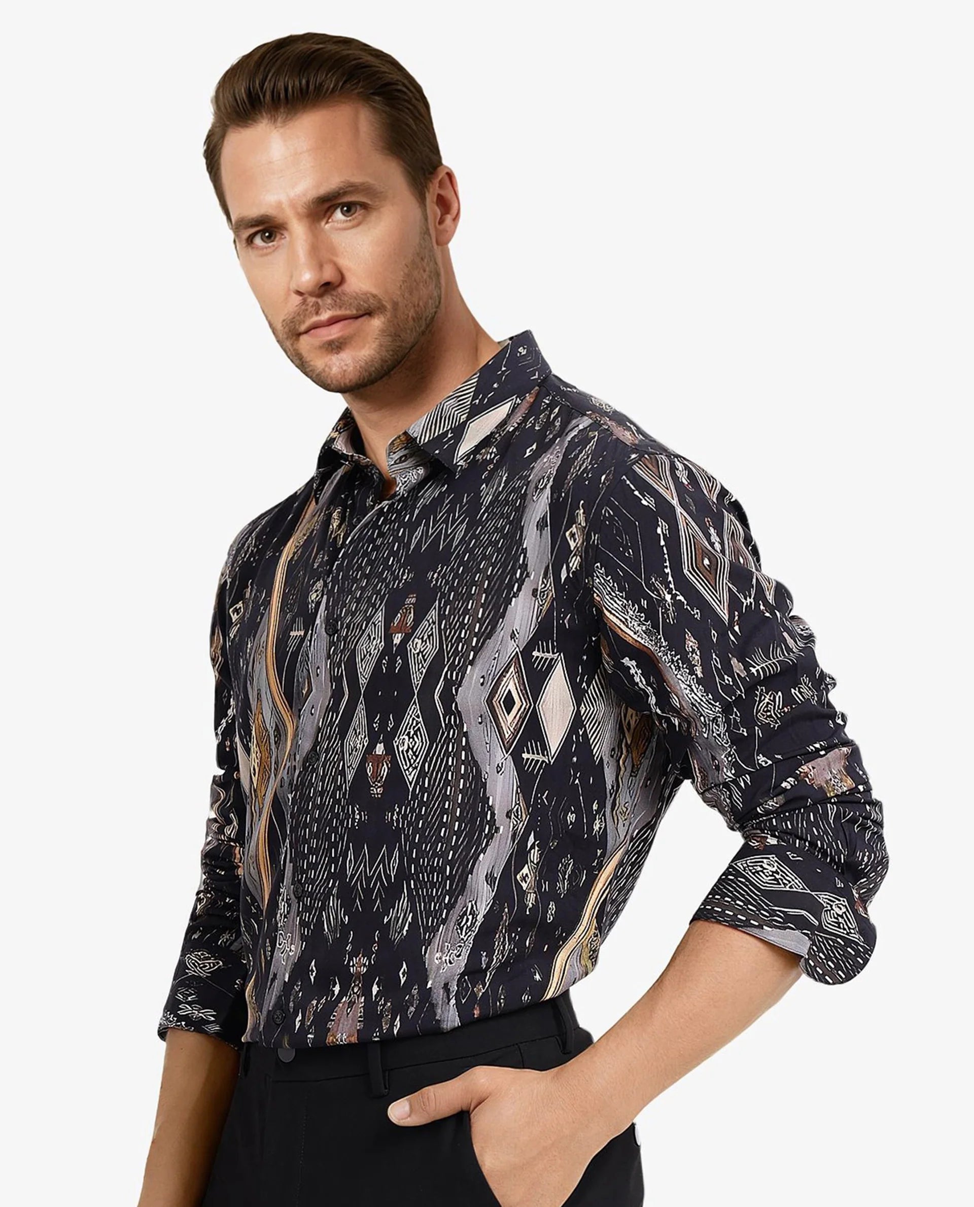 Rare Rabbit Men Ciphor Black Full Sleeve Regular Fit Decorative Print Shirt