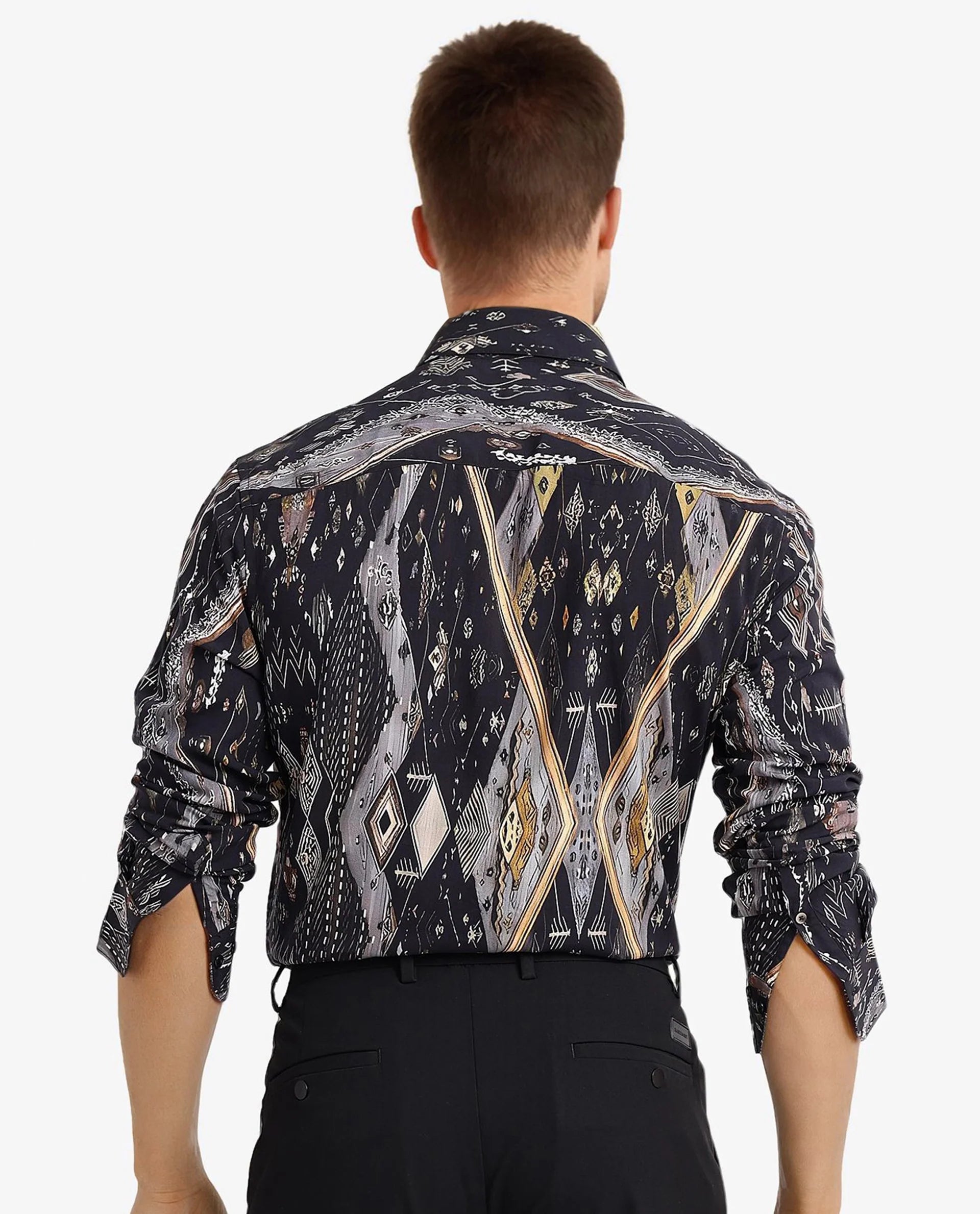 Rare Rabbit Men Ciphor Black Full Sleeve Regular Fit Decorative Print Shirt