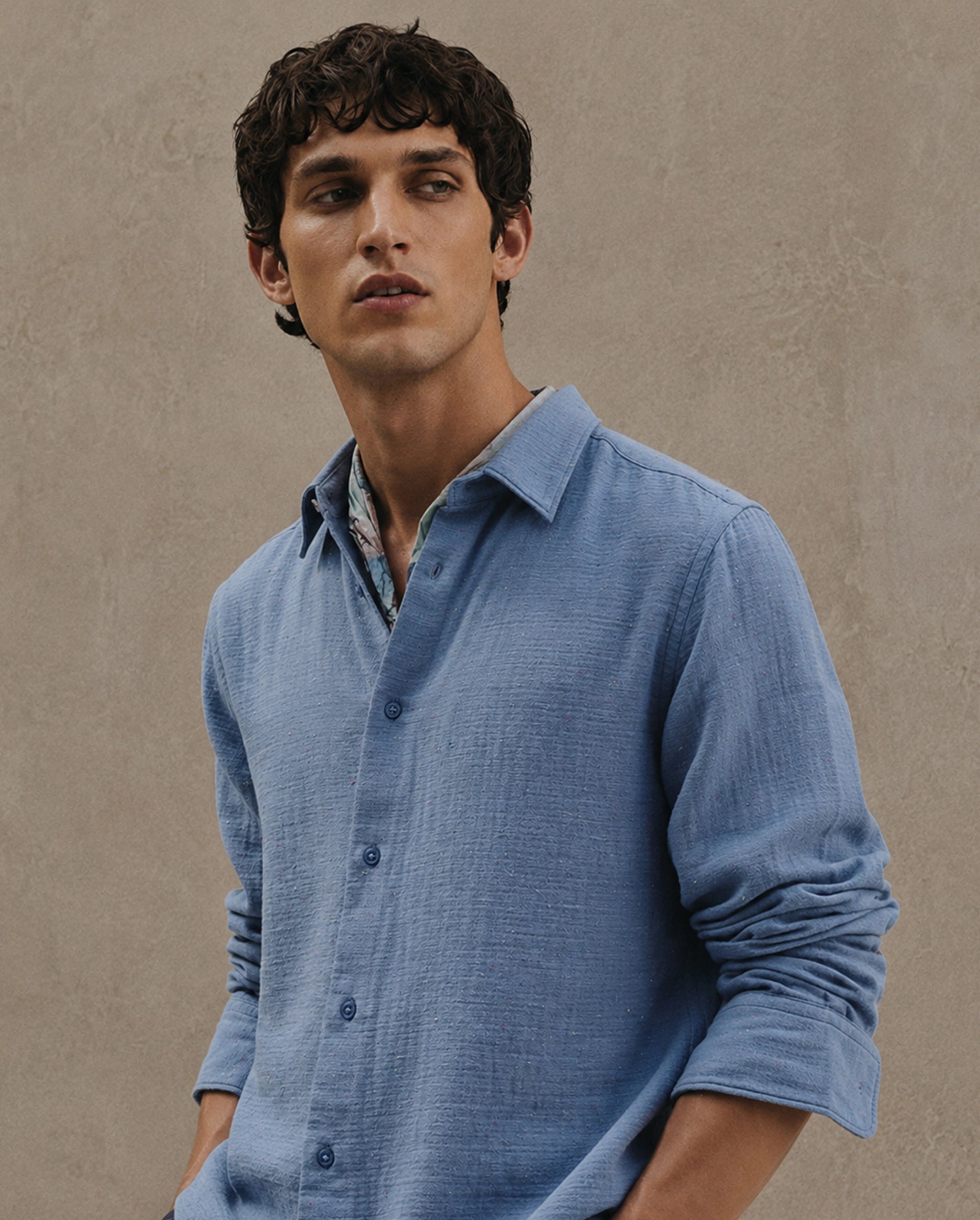 Rare Rabbit Men's Cira Primary Blue Cotton Blend Spread Collar Regular Plain Shirt
