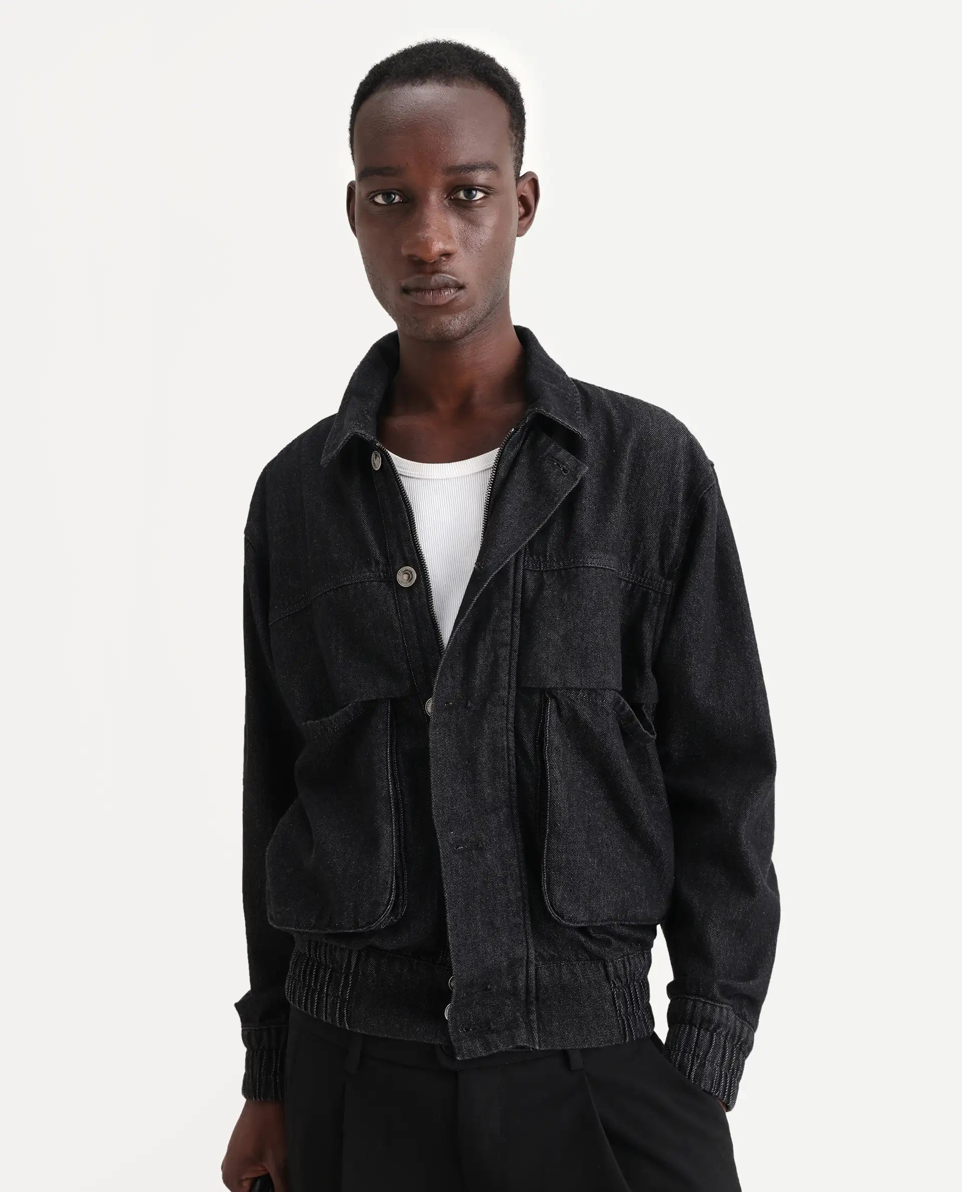 Rare Rabbit Men's Circe Black Cotton Plain Oversized Fit Full Sleeve Spread Collar Jacket