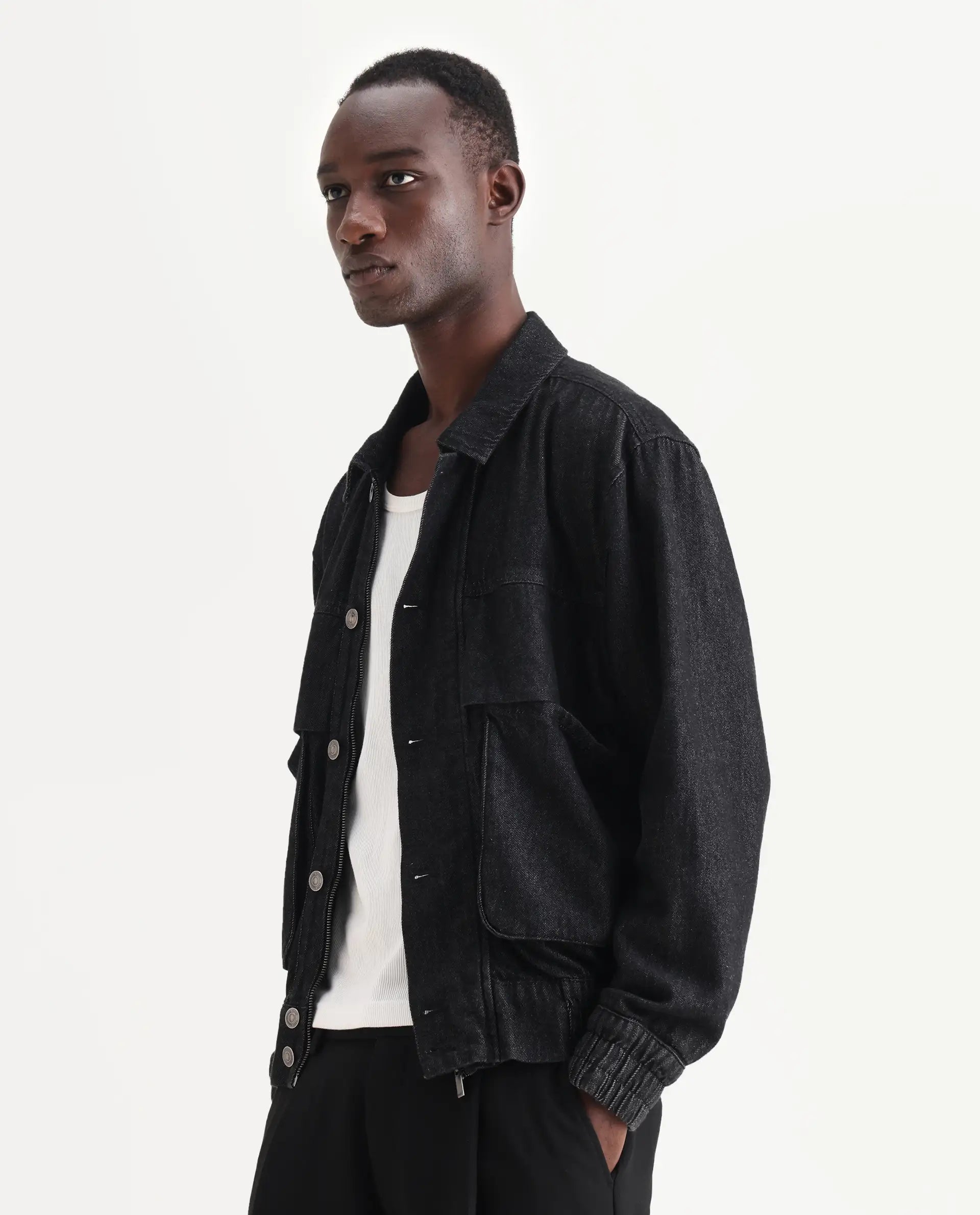 Rare Rabbit Men's Circe Black Cotton Plain Oversized Fit Full Sleeve Spread Collar Jacket