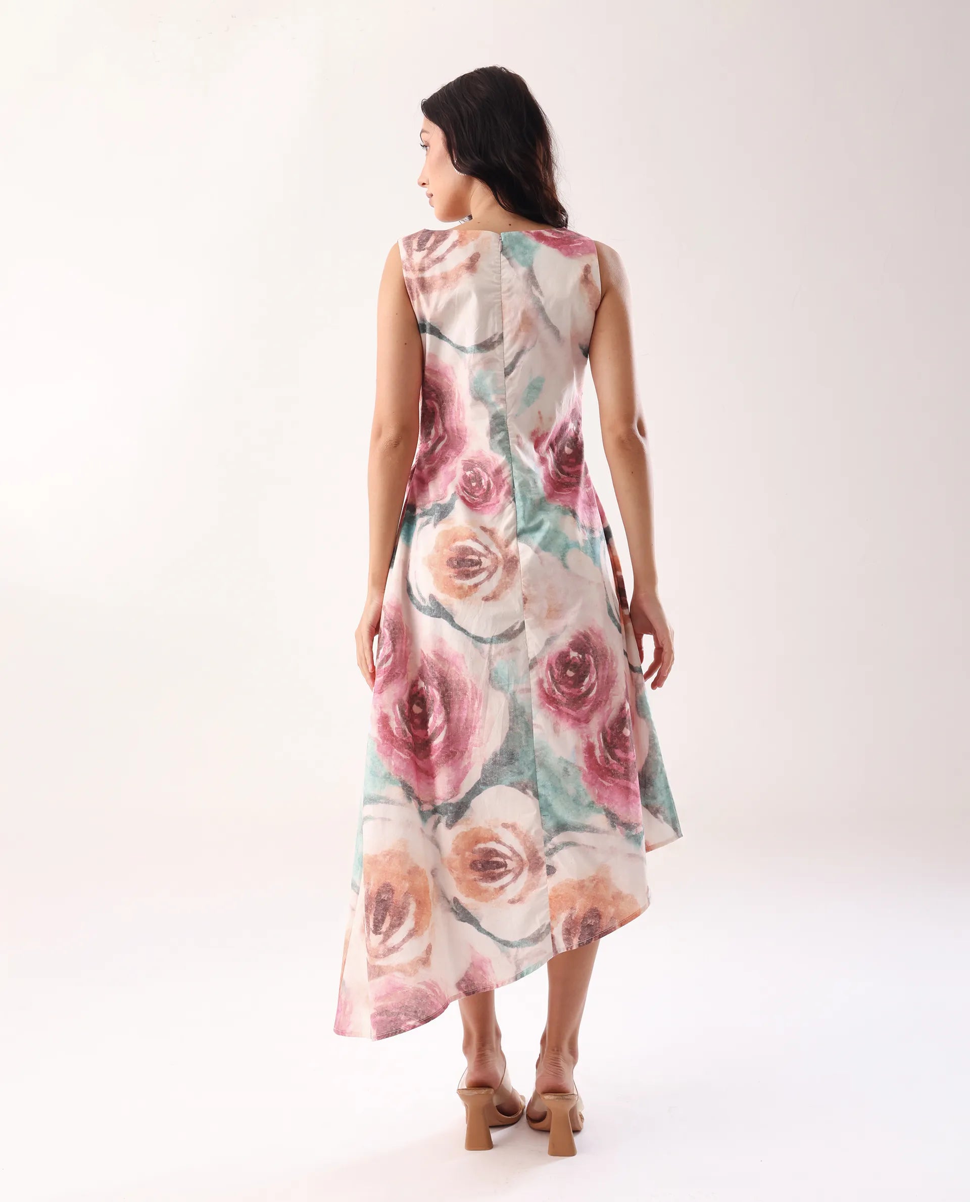 Rareism Women's Cirina Multi Boat Neck A-Line Printed Midi Dress